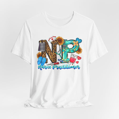 NPR Nurse Practitioner Graphic Tee — Floral, Stethoscope & Leopard Print Design