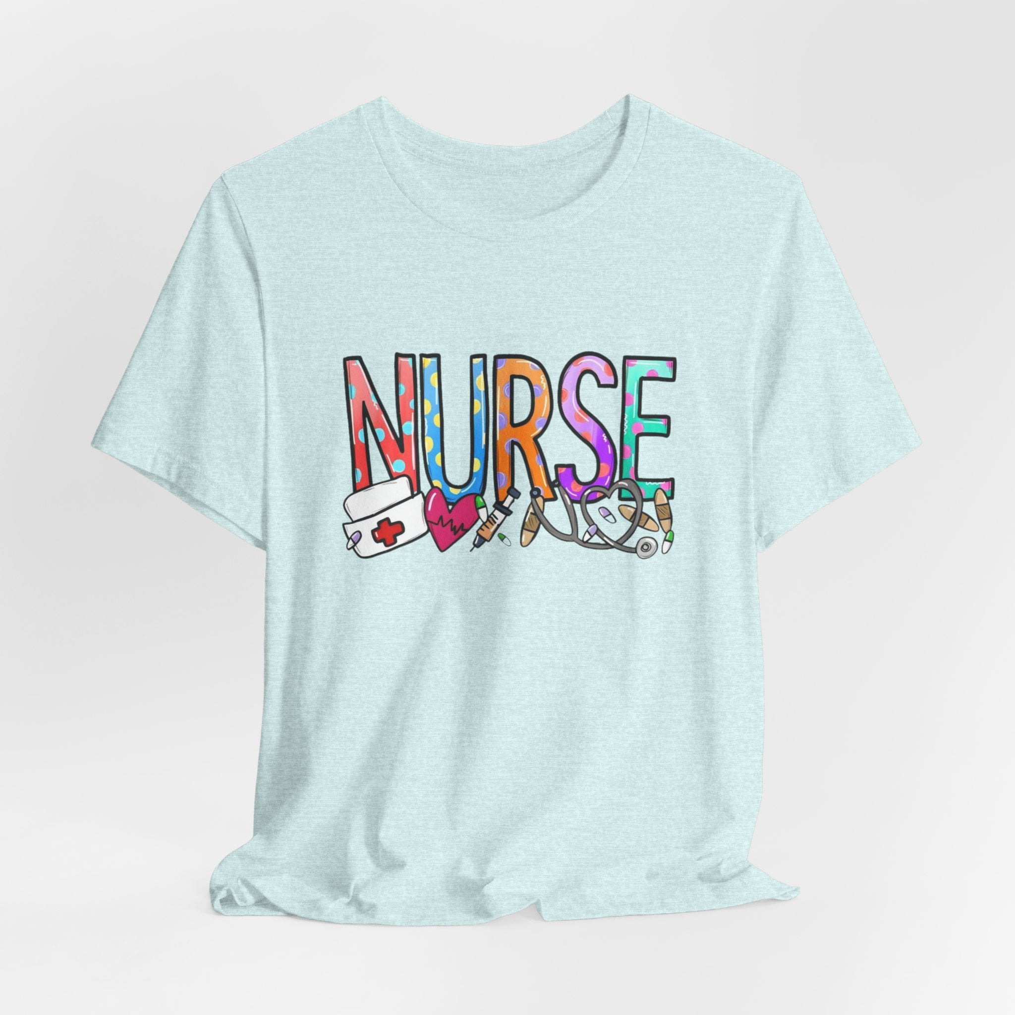 Nurse Floral & Medical Icon Tee - Colorful 'NURSE' Graphic T-Shirt for Healthcare Heroes