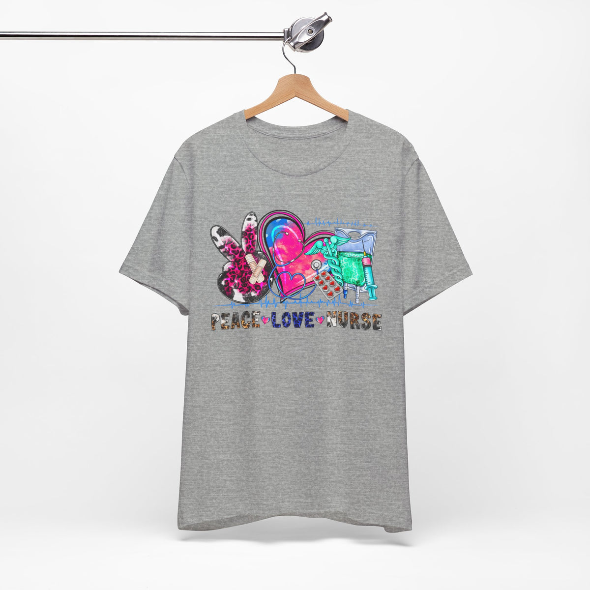 Peace Love Nurse T-Shirt – Colorful Floral Heart & Scrubs Graphic Tee for Nurses