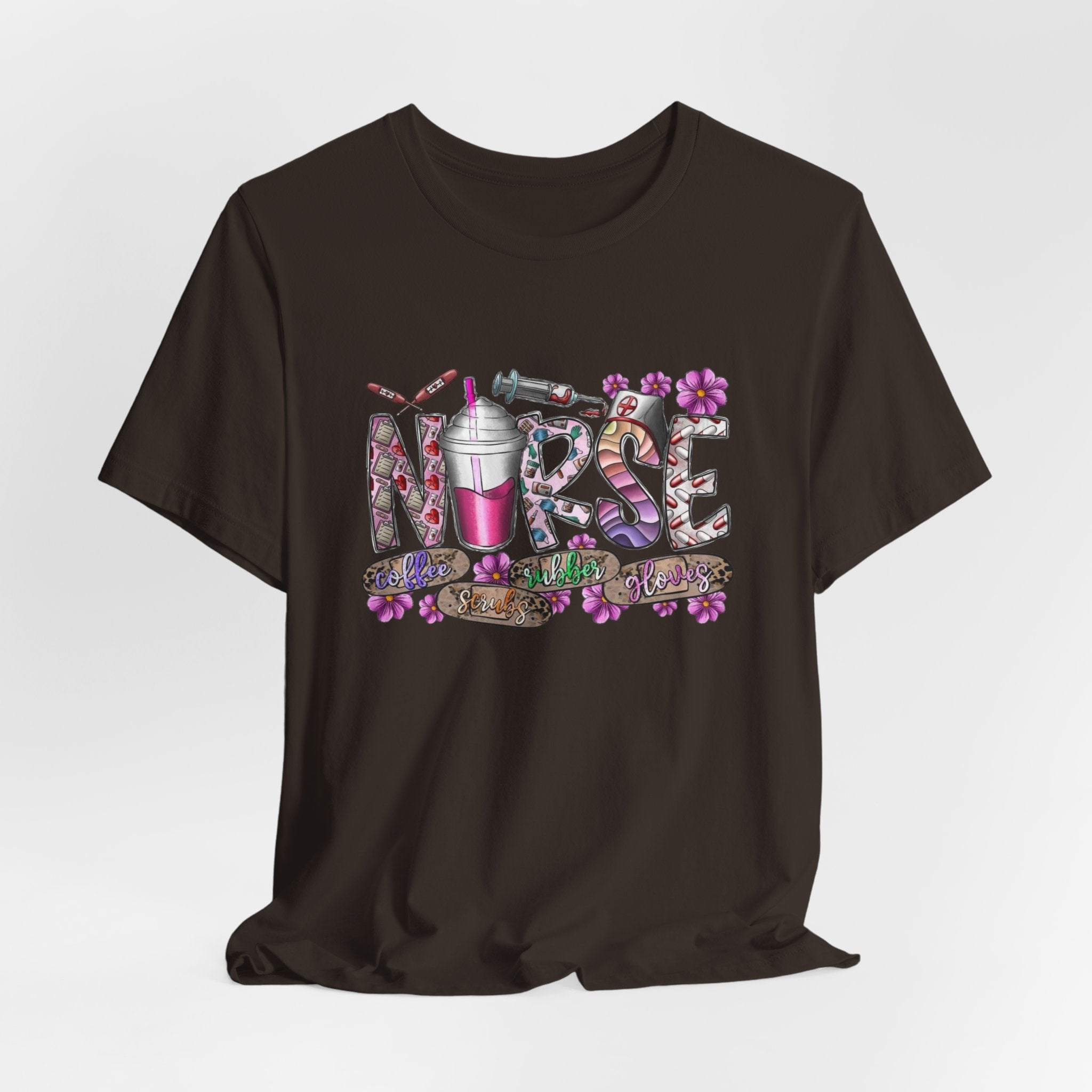 Nurse Floral Stethoscope Tee – Cute Nursing Scrub Shirt with Coffee & Flowers