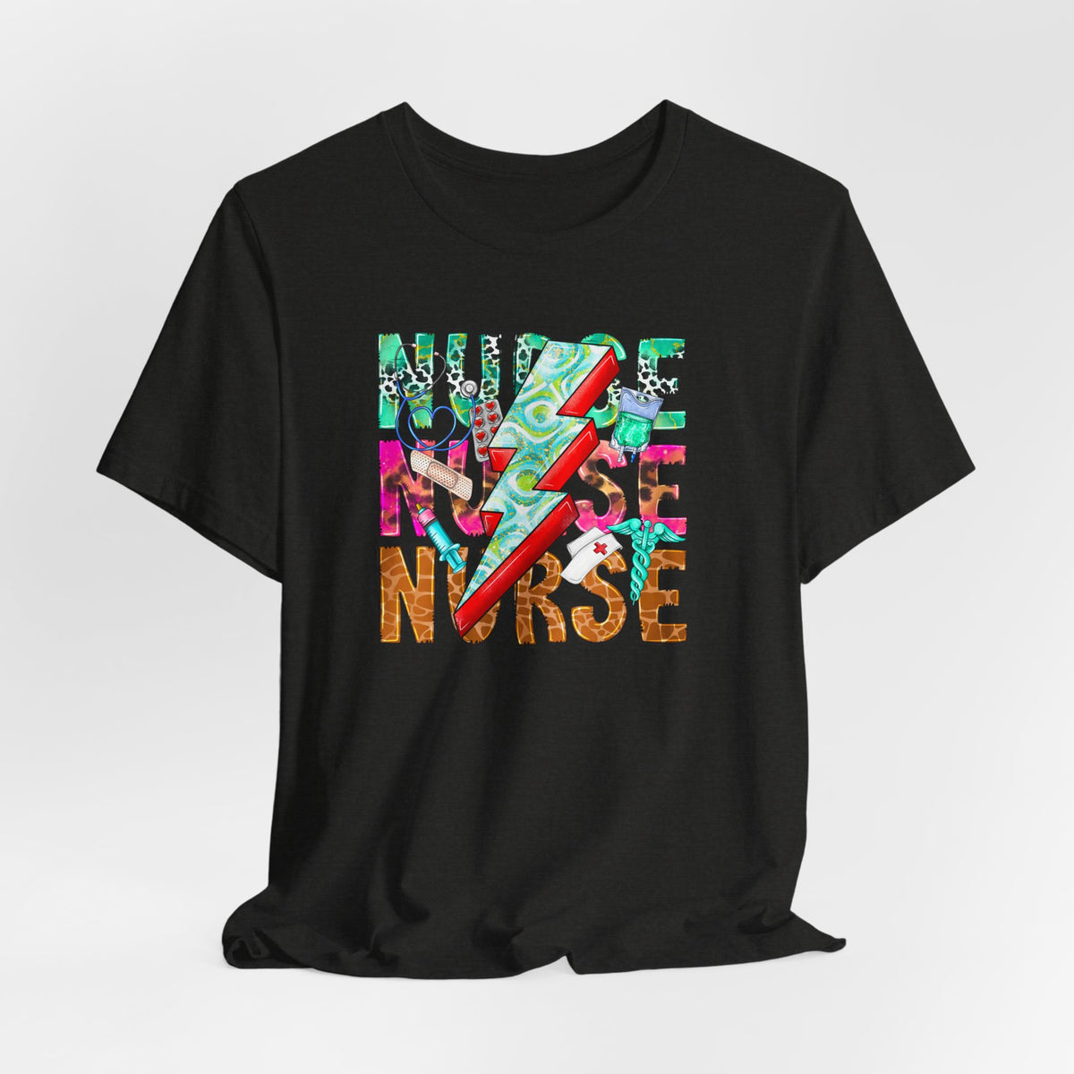 Nurse Lightning Bolt Graphic Tee — Colorful Floral & Animal Print Nurse Shirt