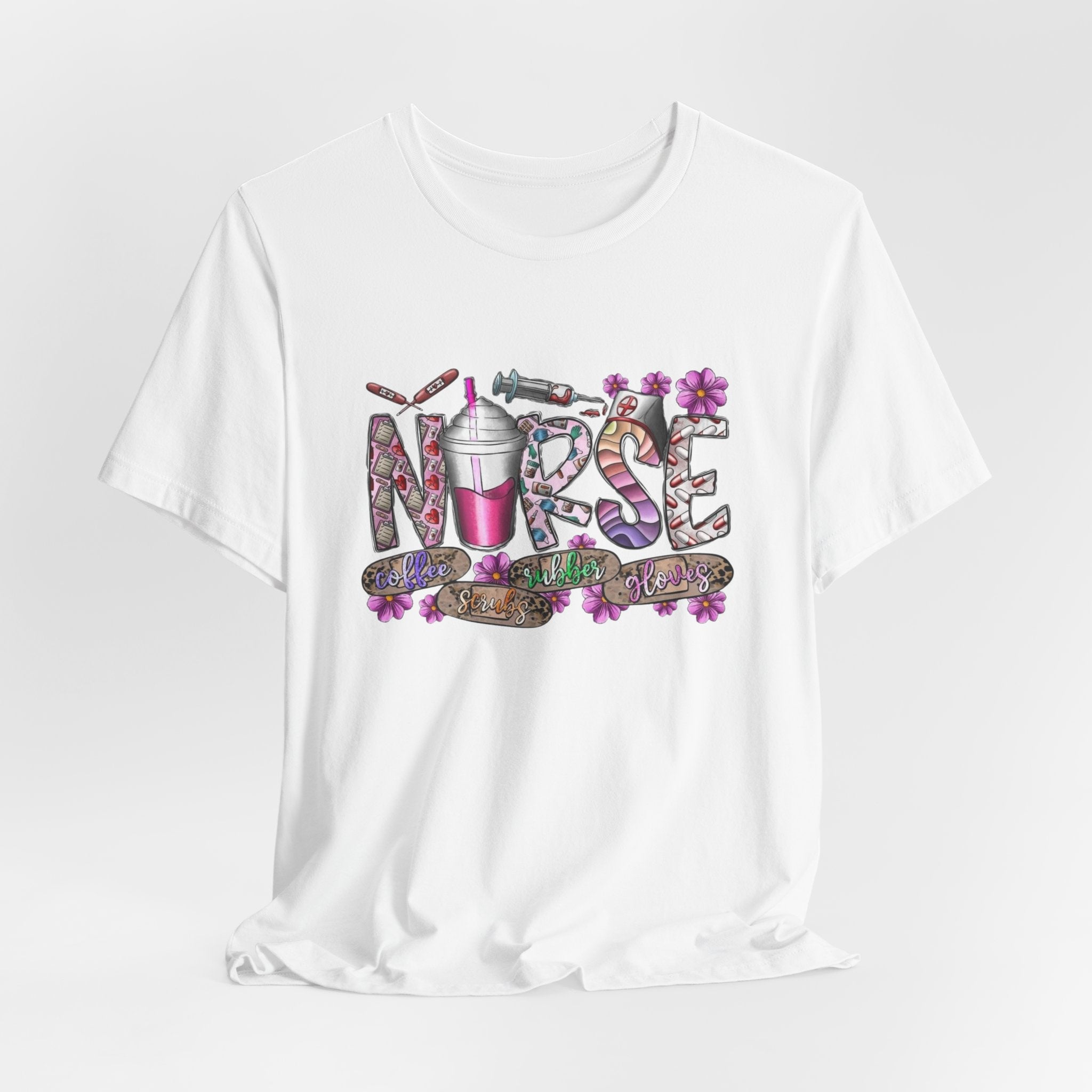 Nurse Floral Stethoscope Tee – Cute Nursing Scrub Shirt with Coffee & Flowers