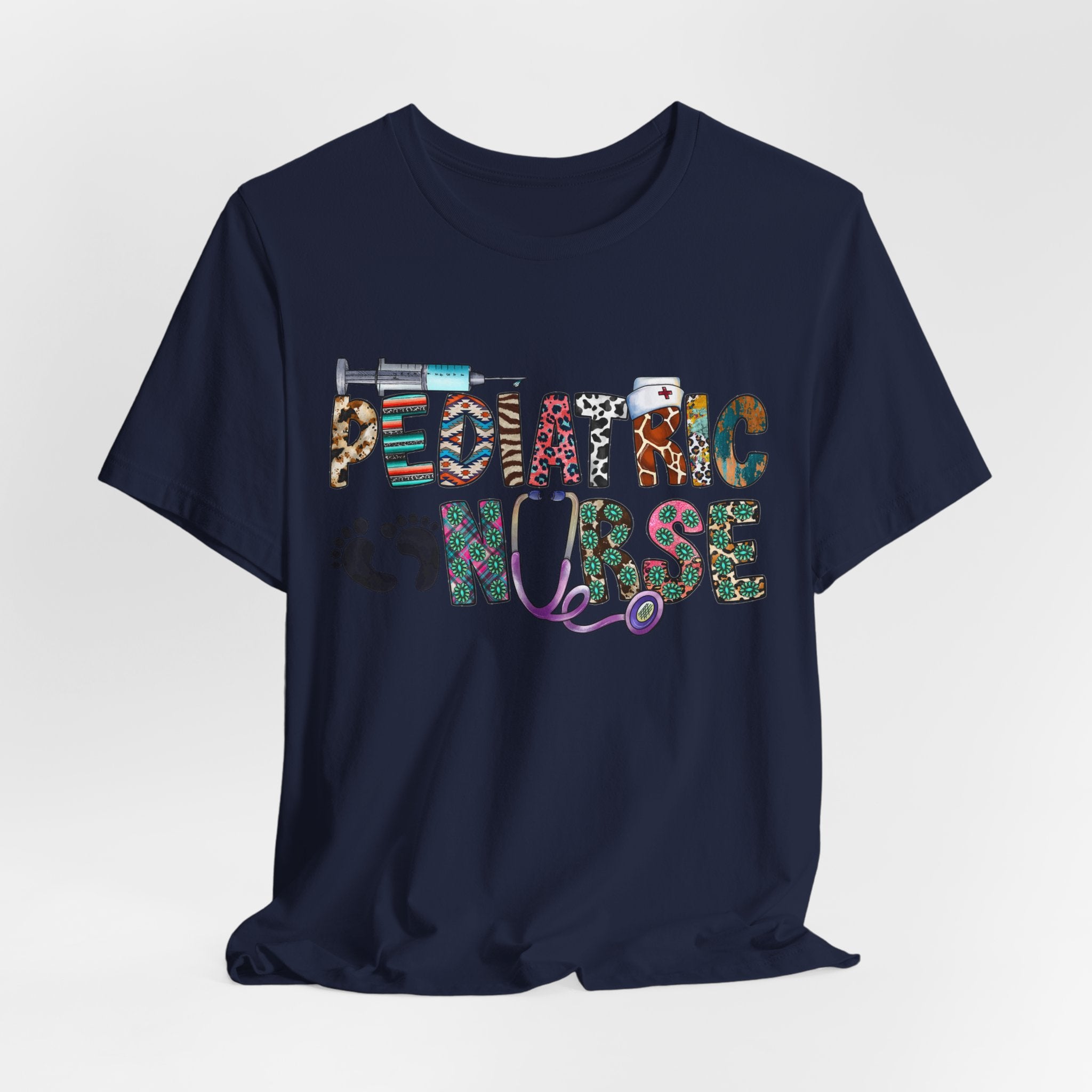 Pediatric Nurse Graphic Tee — Colorful Stethoscope & Baby Prints Design
