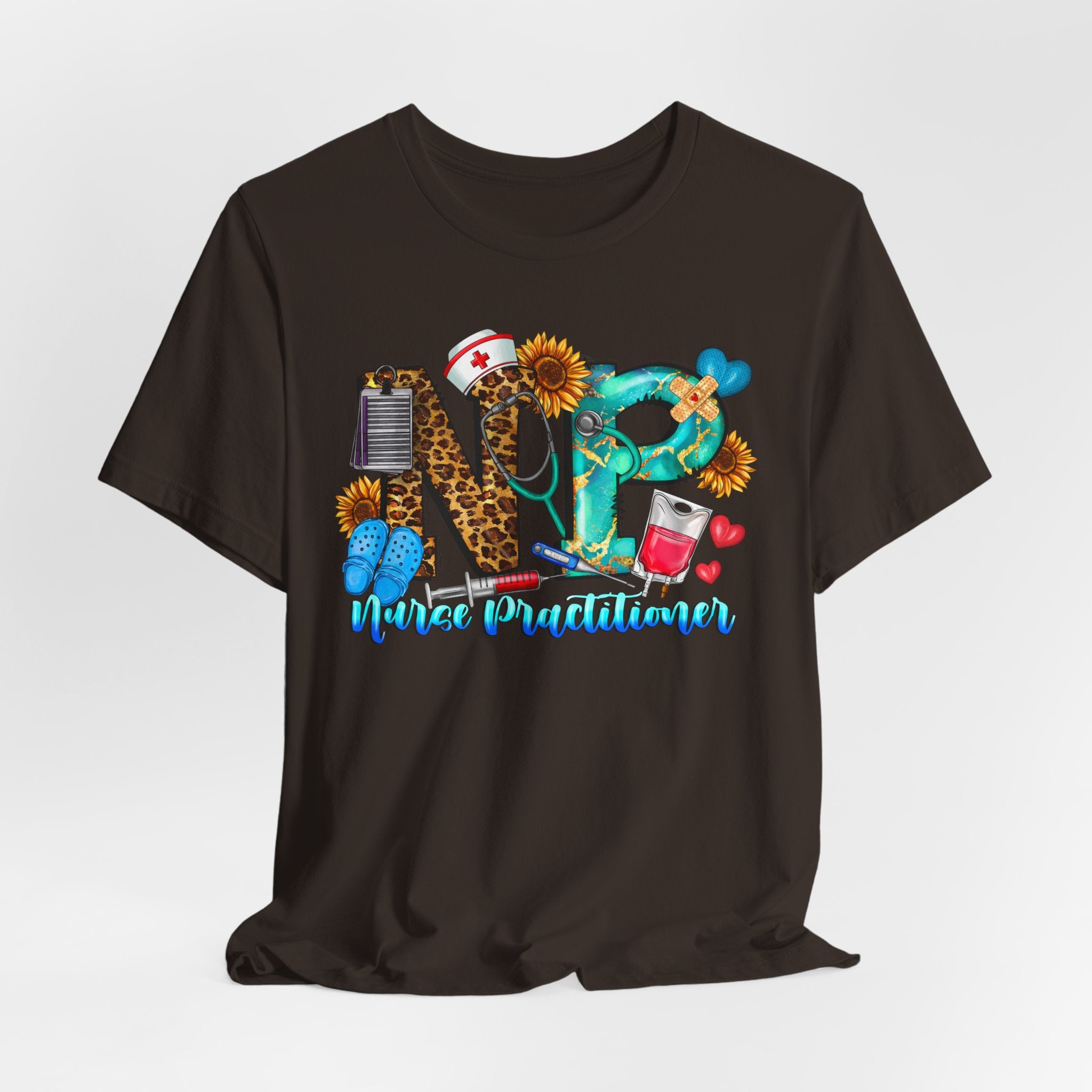 NPR Nurse Practitioner Graphic Tee — Floral, Stethoscope & Leopard Print Design