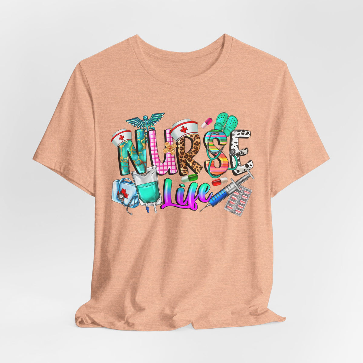 Nurse Life Graphic Tee — Colorful Medical Icons T-Shirt for Nurses