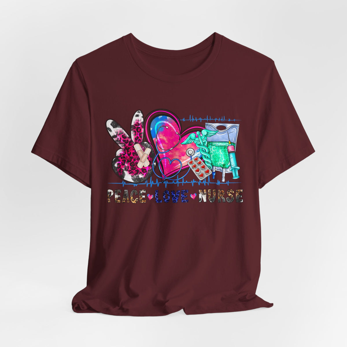 Peace Love Nurse T-Shirt – Colorful Floral Heart & Scrubs Graphic Tee for Nurses