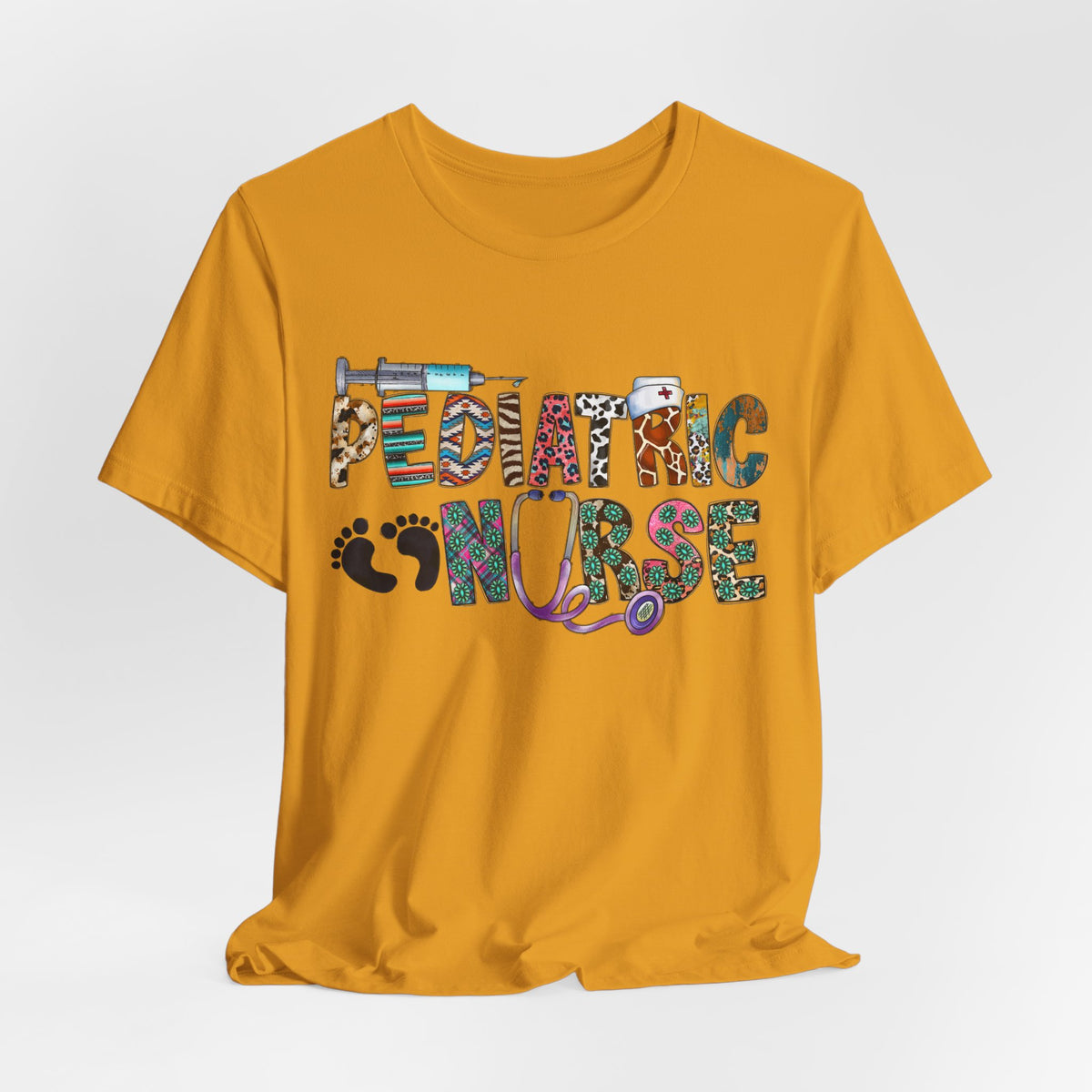 Pediatric Nurse Graphic Tee — Colorful Stethoscope & Baby Prints Design