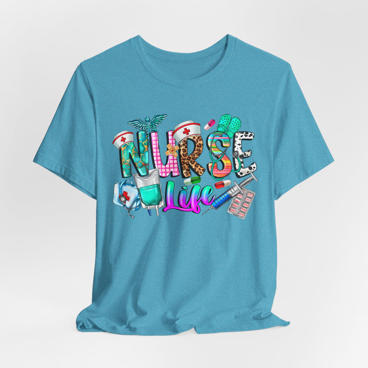 Nurse Life Graphic Tee — Colorful Medical Icons T-Shirt for Nurses