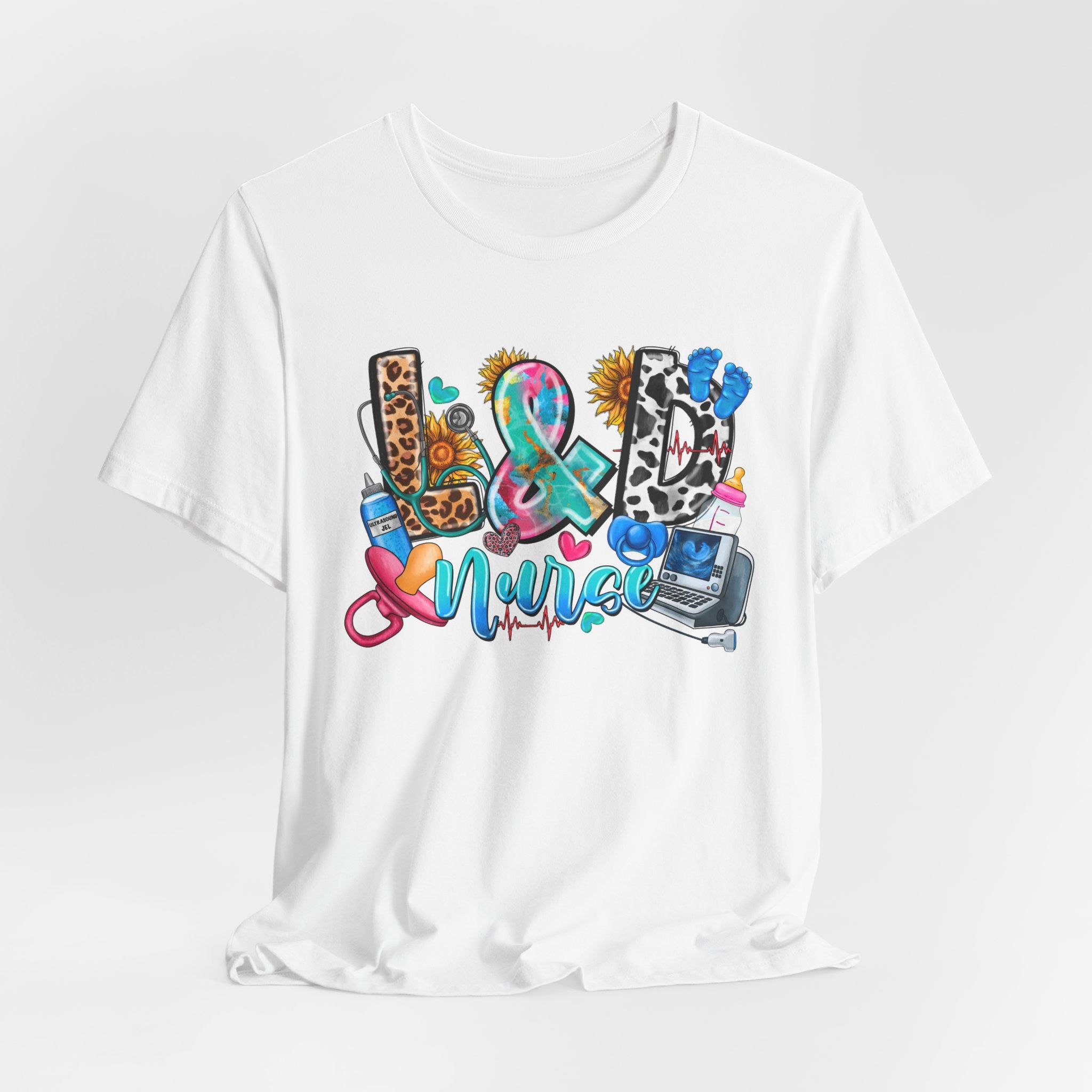 Nurse Life Graphic Tee — Colorful Medical Icons & Stethoscope Design