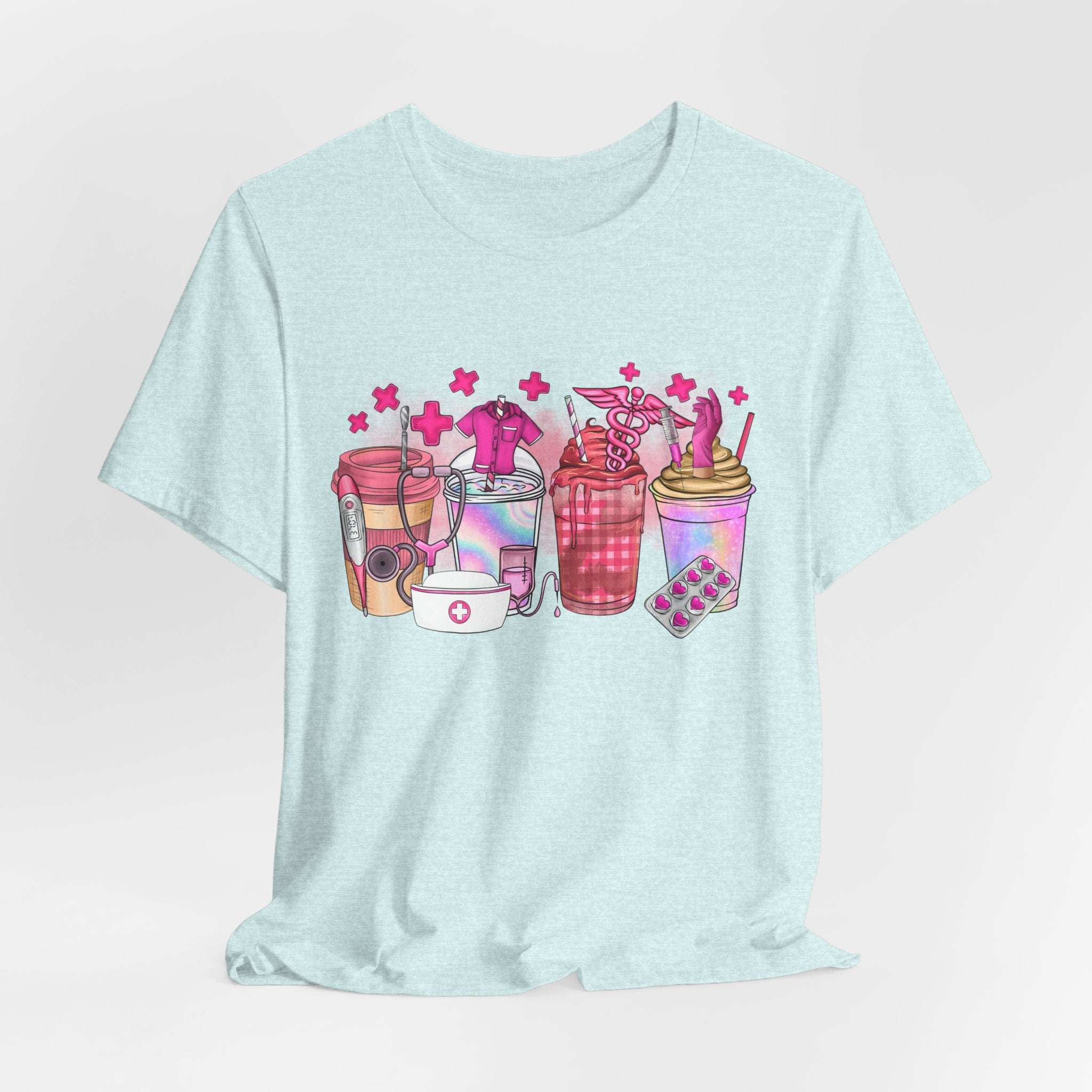 Coffee & Bubble Tea Graphic Tee — Pink Drinks Illustration