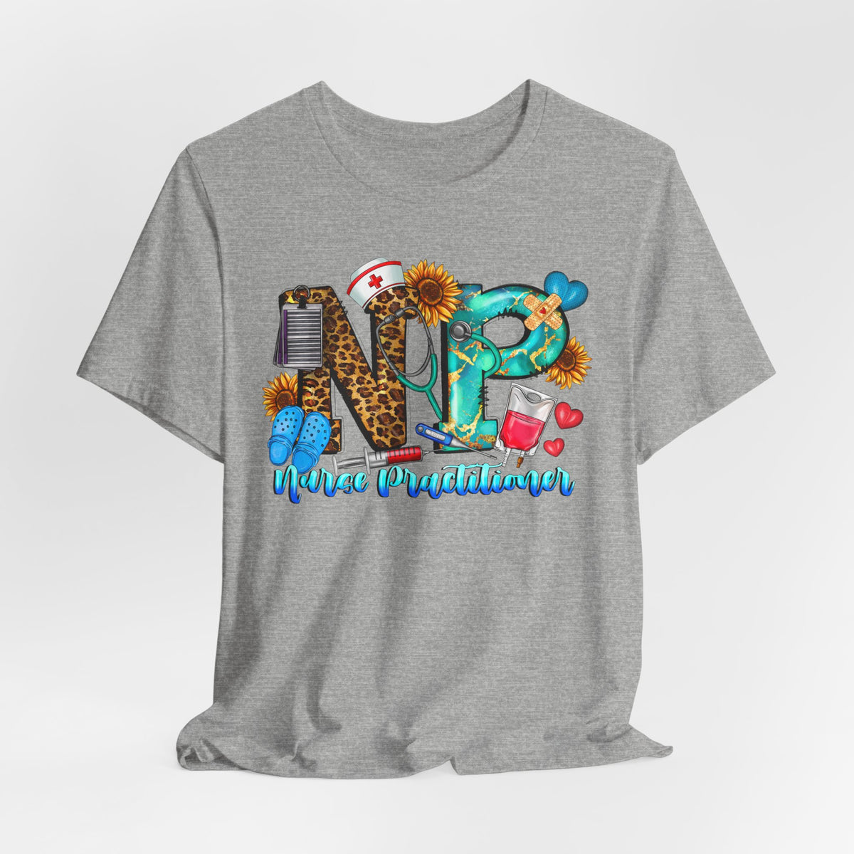 NPR Nurse Practitioner Graphic Tee — Floral, Stethoscope & Leopard Print Design