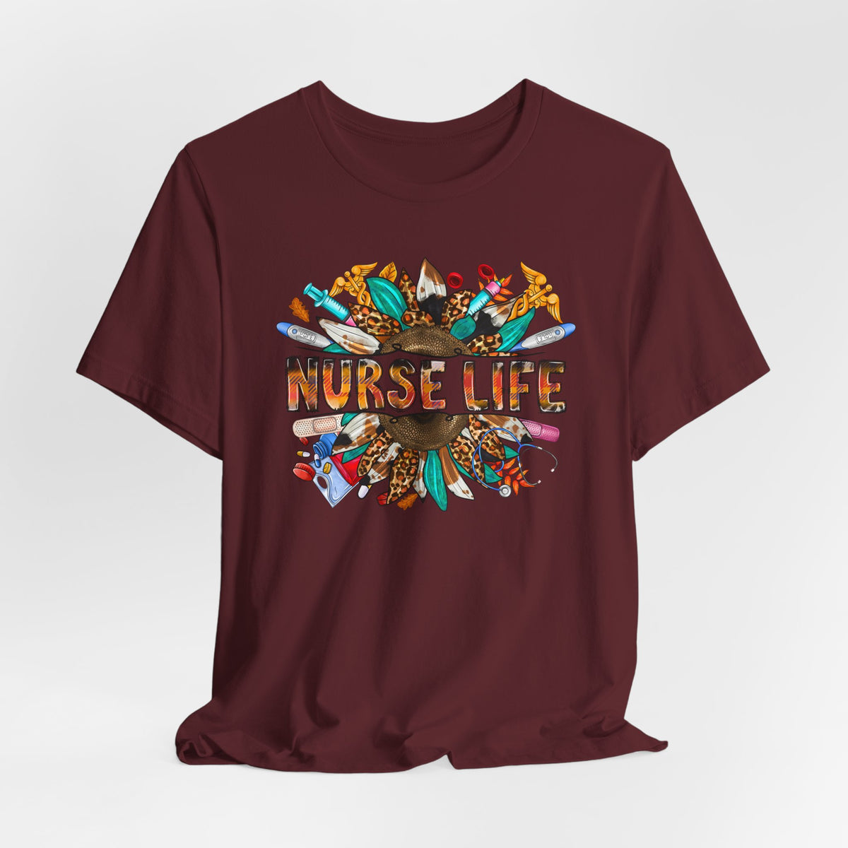Nurse Life Graphic T-Shirt — Floral Medical Icons Tee for Nurses