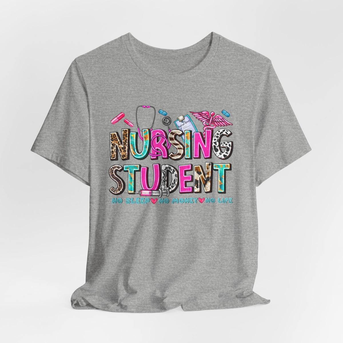 Nursing Student Graphic Tee – Colorful Stethoscope & Scrub Icons