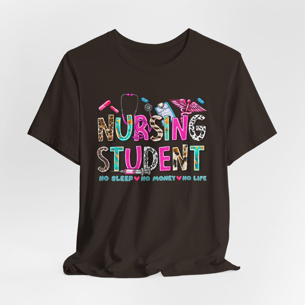 Nursing Student Graphic Tee – Colorful Stethoscope & Scrub Icons