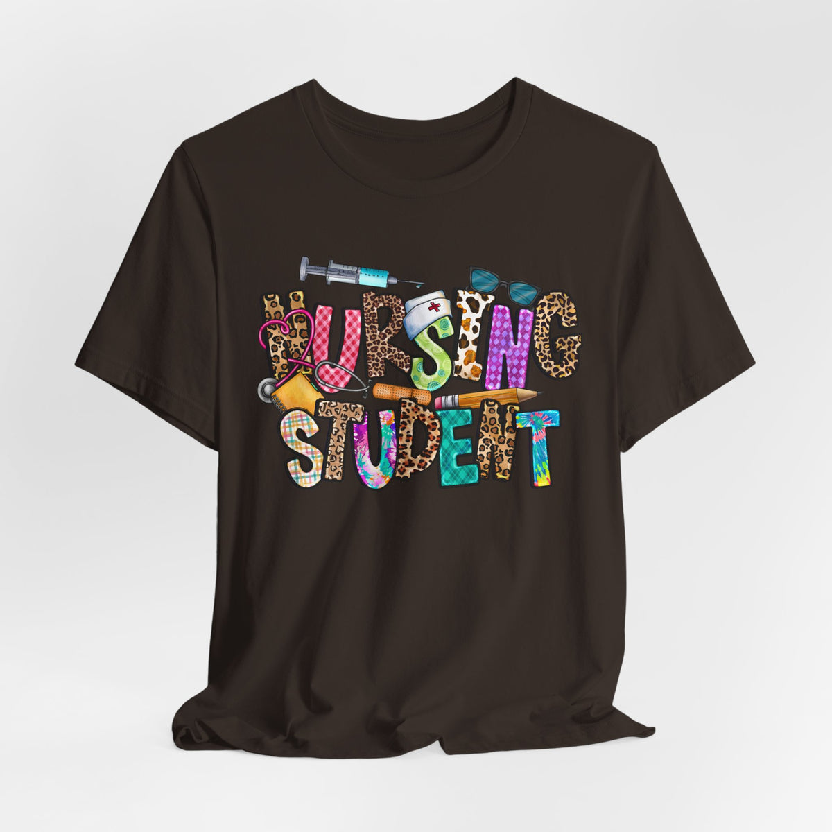Nursing Student Graphic Tee — Colorful Medical Badge & Syringe Design