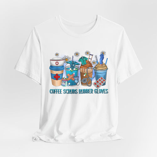 Coffee Scrubs Rubber Gloves T-Shirt — Cute Self-Care Illustration Tee