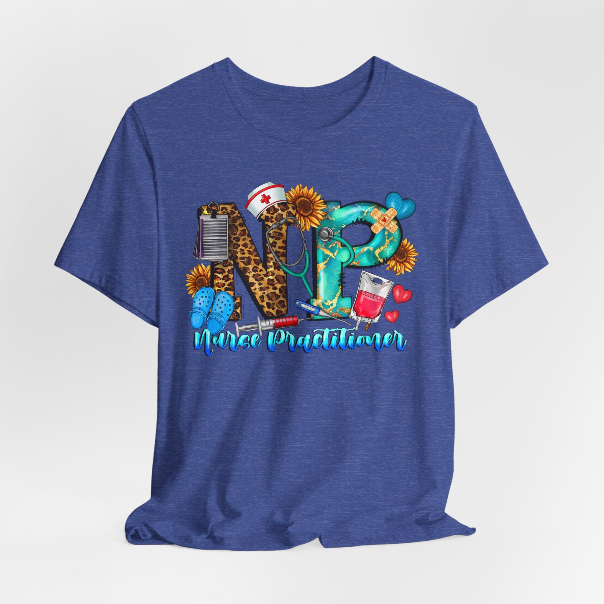 NPR Nurse Practitioner Graphic Tee — Floral, Stethoscope & Leopard Print Design
