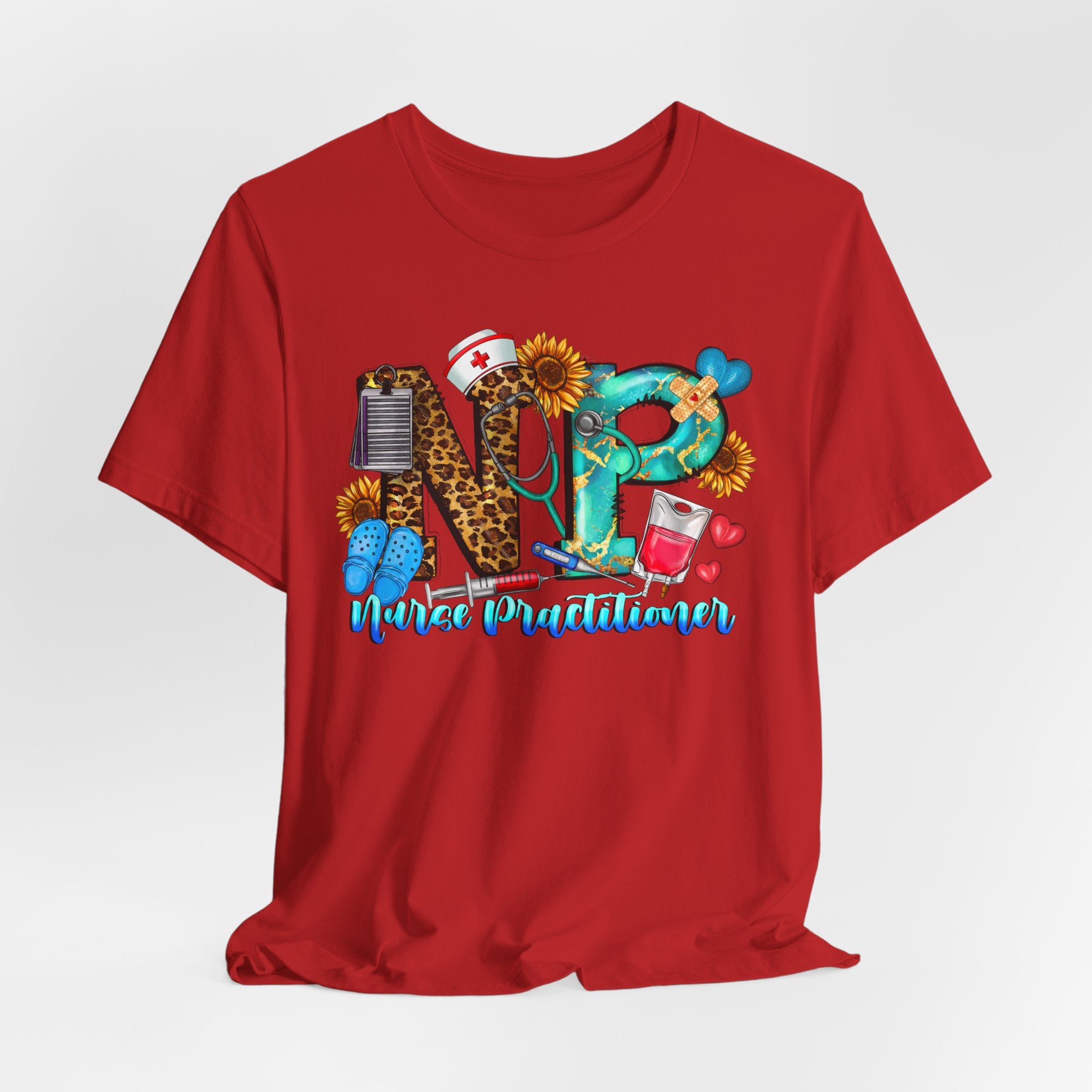 NPR Nurse Practitioner Graphic Tee — Floral, Stethoscope & Leopard Print Design