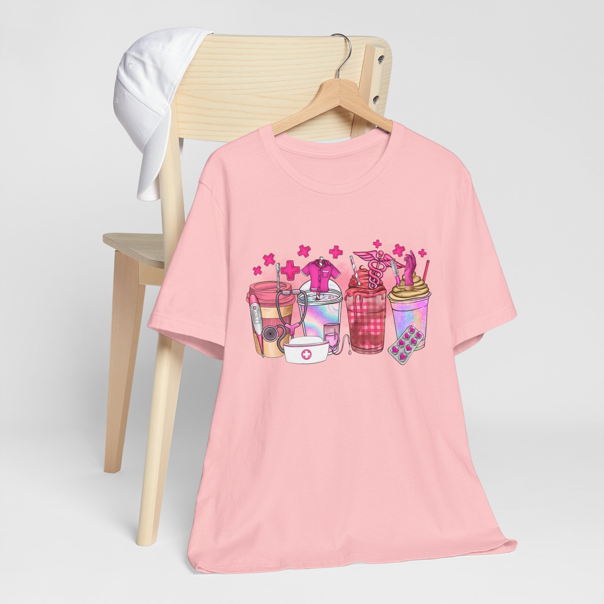 Coffee & Bubble Tea Graphic Tee — Pink Drinks Illustration