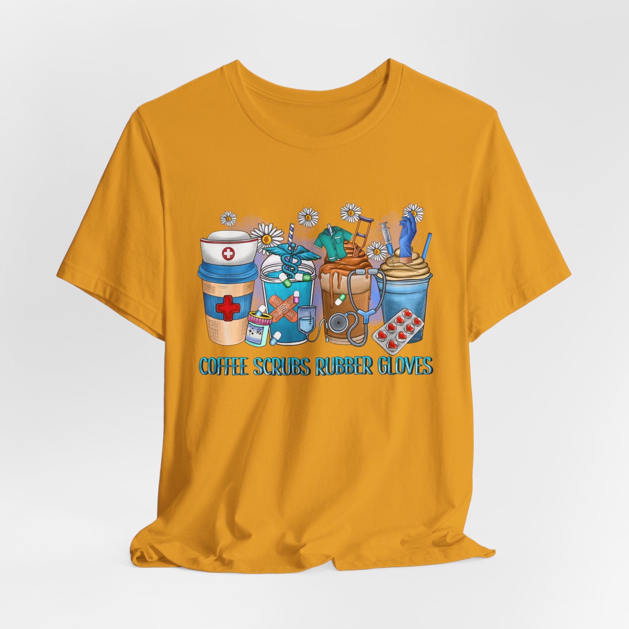 Coffee Scrubs Rubber Gloves T-Shirt — Cute Self-Care Illustration Tee