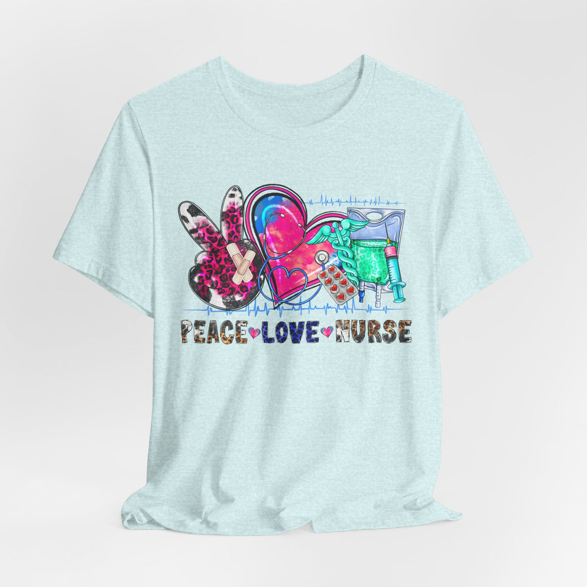 Peace Love Nurse T-Shirt – Colorful Floral Heart & Scrubs Graphic Tee for Nurses