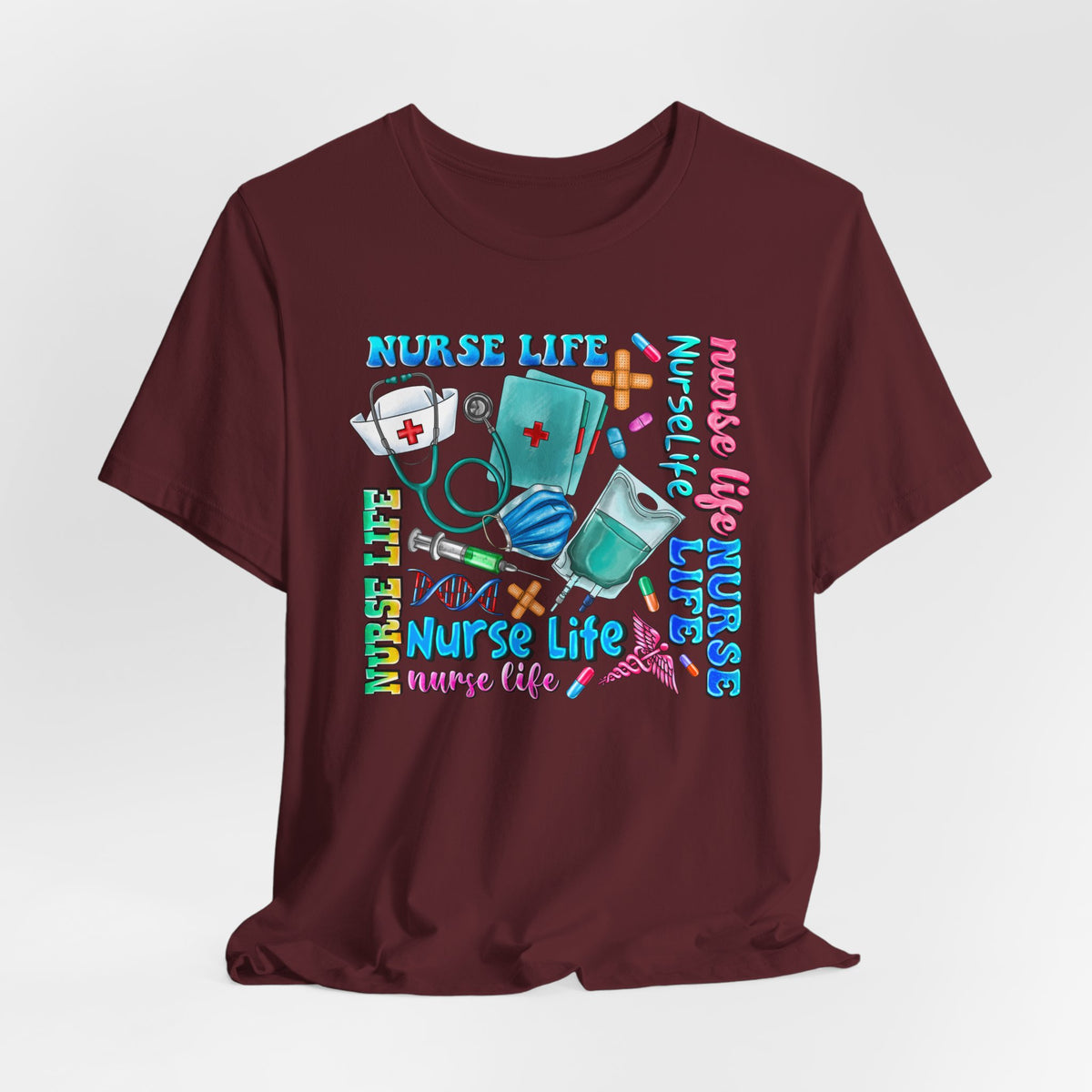Nurse Life Graphic Tee — Colorful Nursing Icons & 'Nurse Life' Text