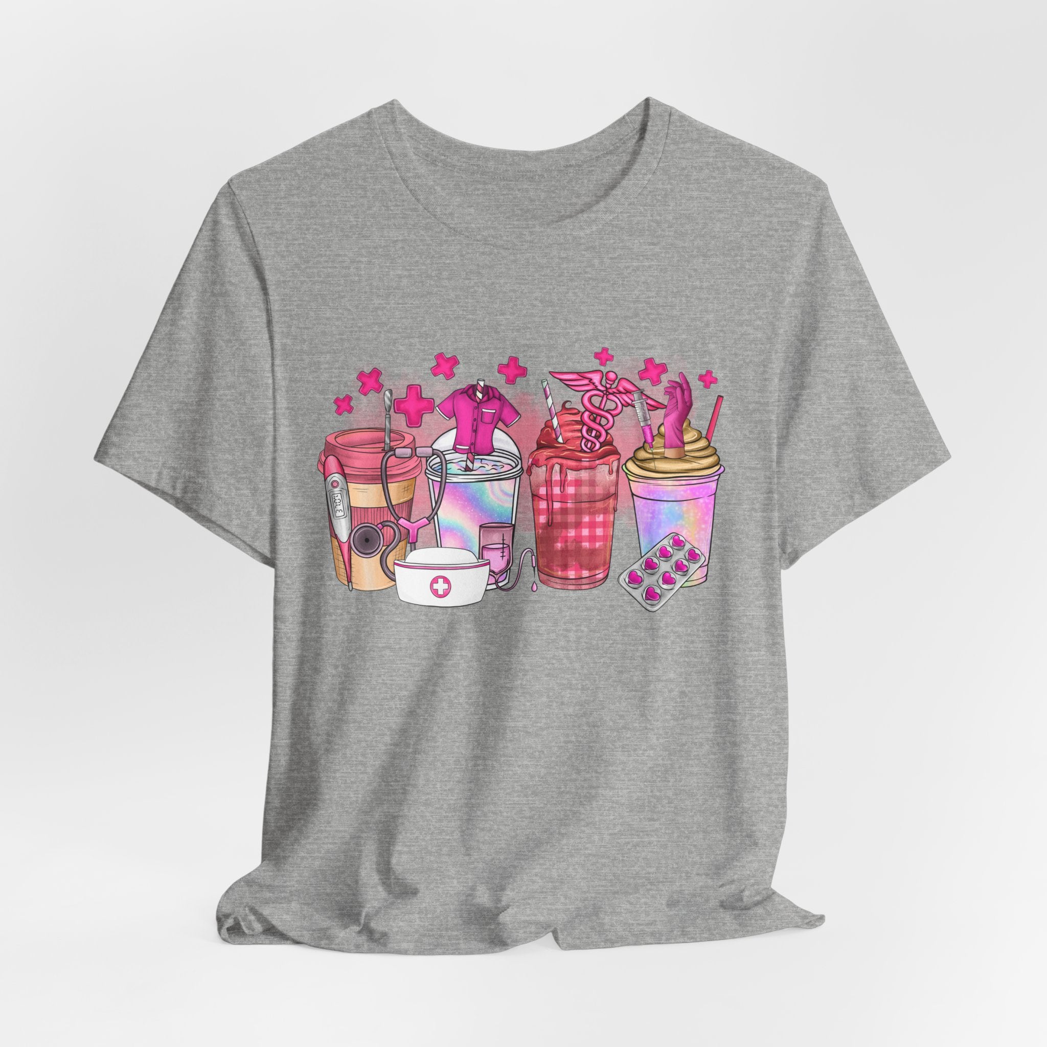 Coffee & Bubble Tea Graphic Tee — Pink Drinks Illustration