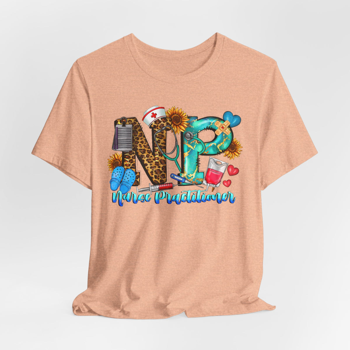 NPR Nurse Practitioner Graphic Tee — Floral, Stethoscope & Leopard Print Design