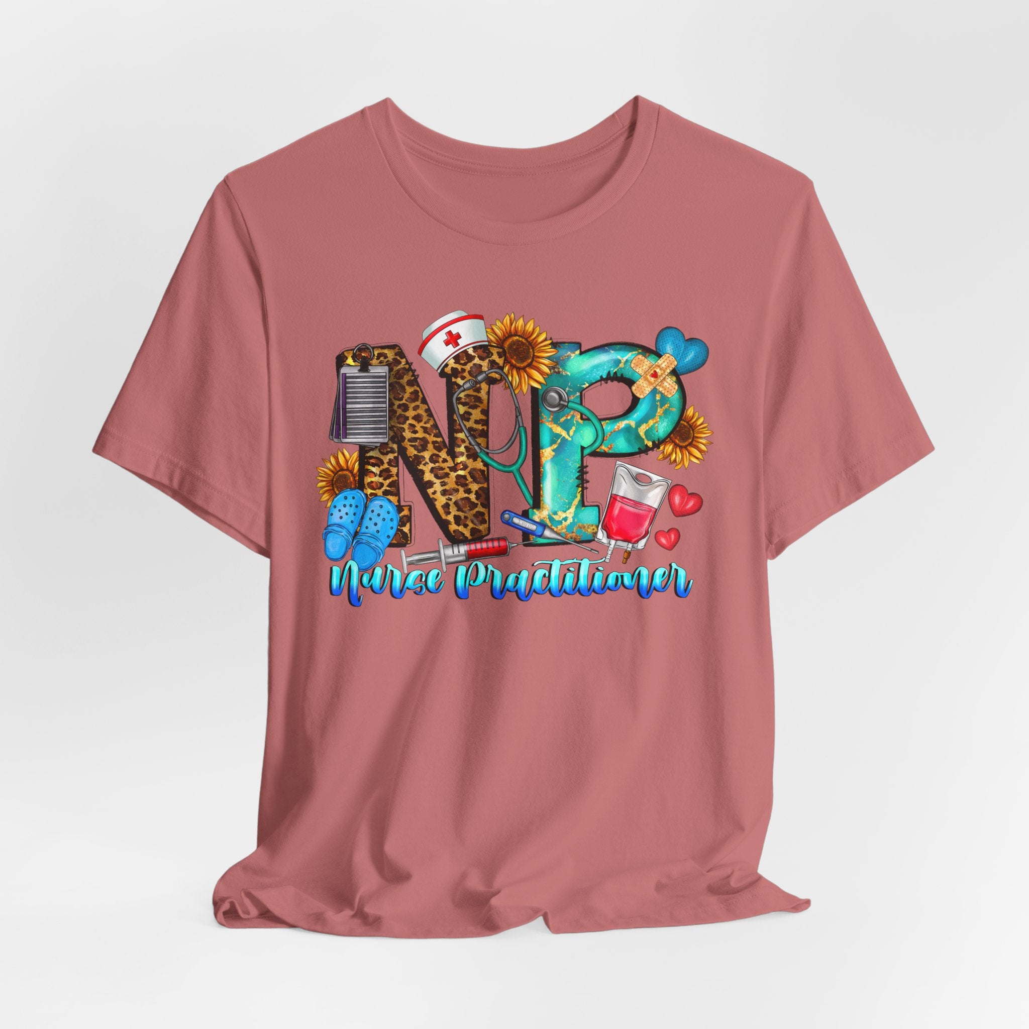 NPR Nurse Practitioner Graphic Tee — Floral, Stethoscope & Leopard Print Design