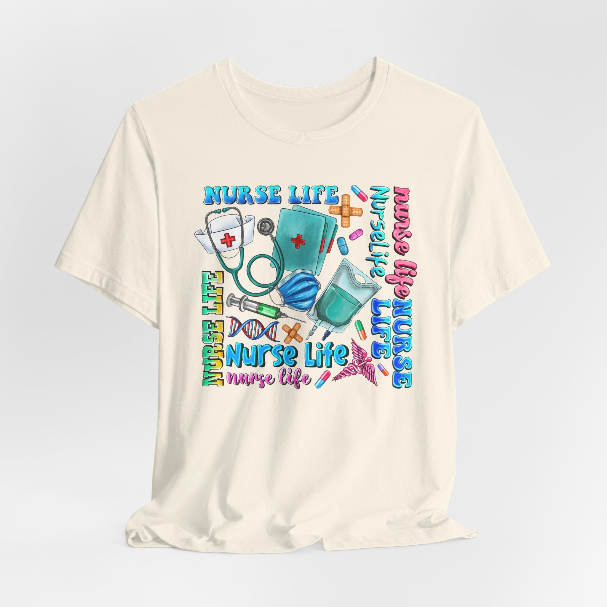 Nurse Life Graphic Tee — Colorful Nursing Icons & 'Nurse Life' Text