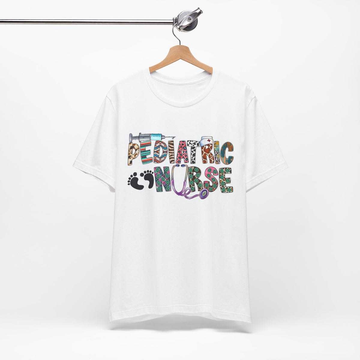 Pediatric Nurse Graphic Tee — Colorful Stethoscope & Baby Prints Design