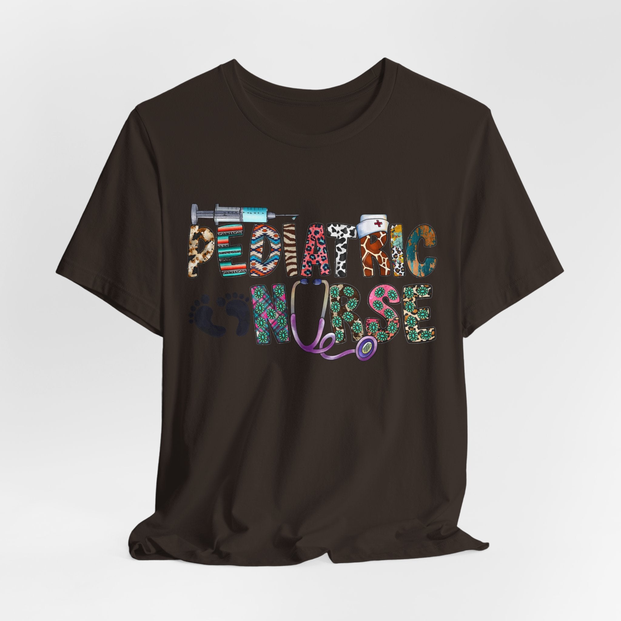 Pediatric Nurse Graphic Tee — Colorful Stethoscope & Baby Prints Design