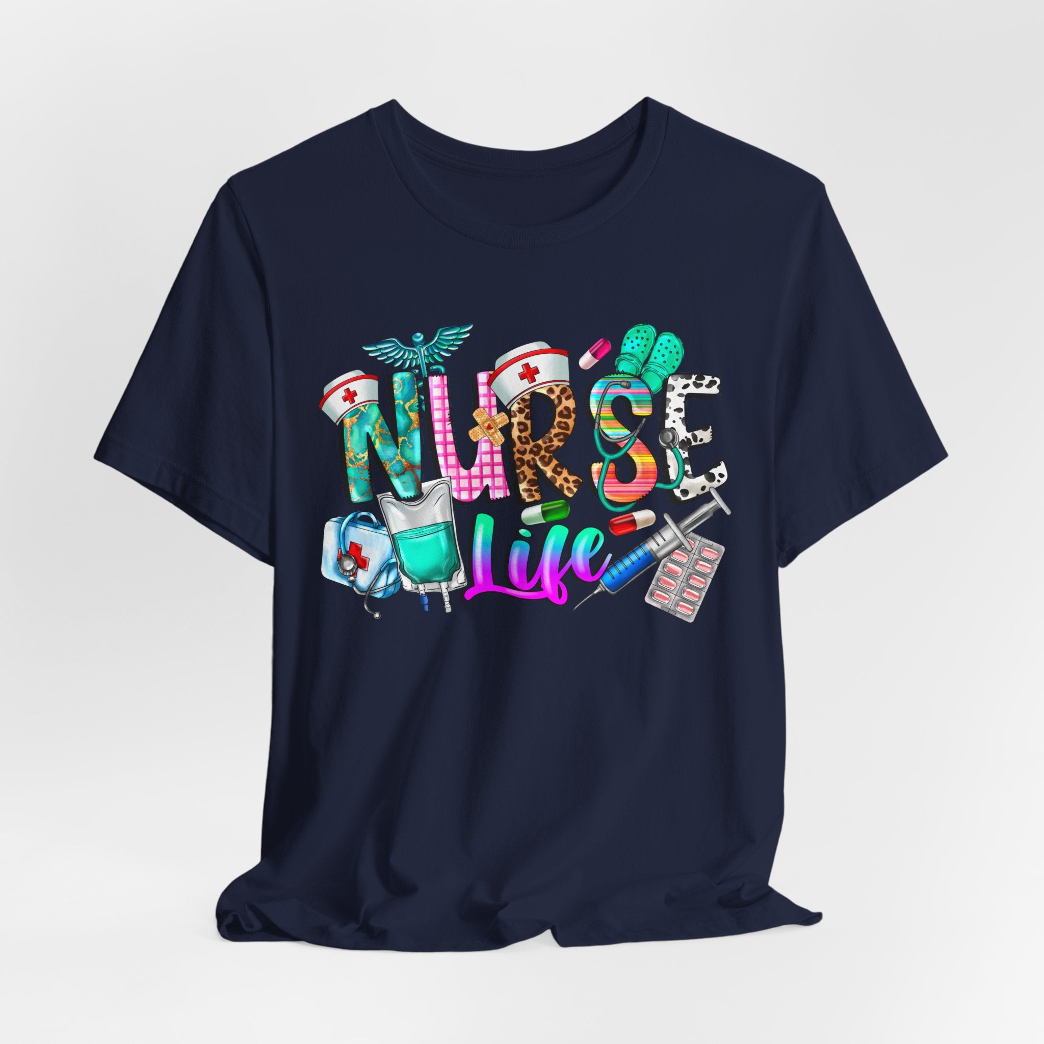 Nurse Life Graphic Tee — Colorful Medical Icons T-Shirt for Nurses