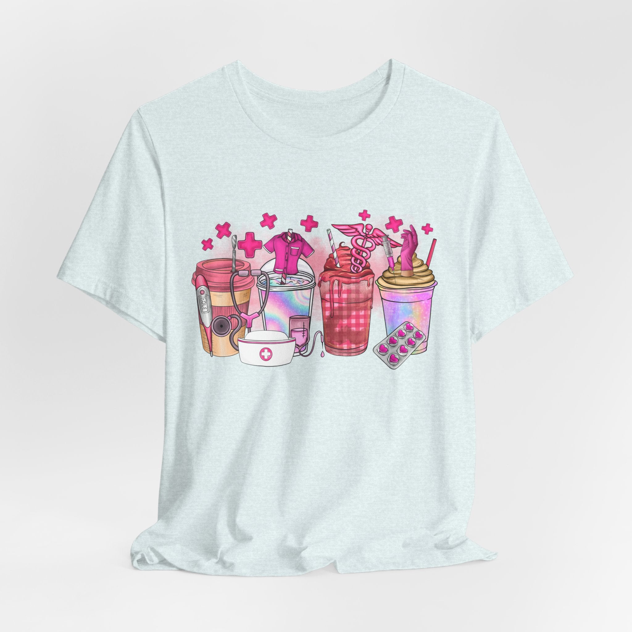 Coffee & Bubble Tea Graphic Tee — Pink Drinks Illustration
