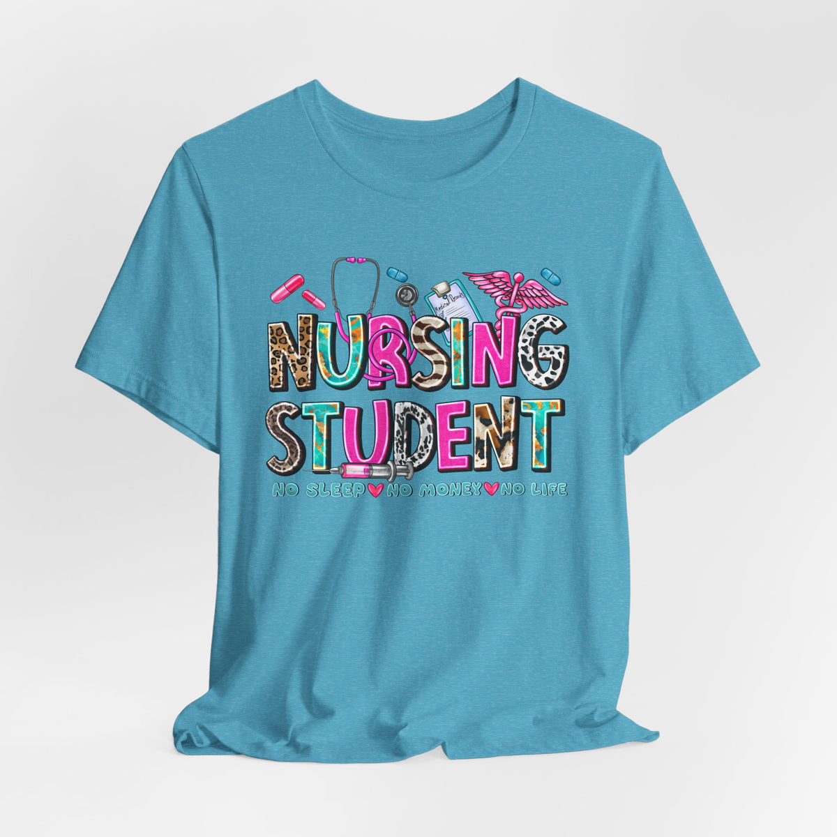 Nursing Student Graphic Tee – Colorful Stethoscope & Scrub Icons