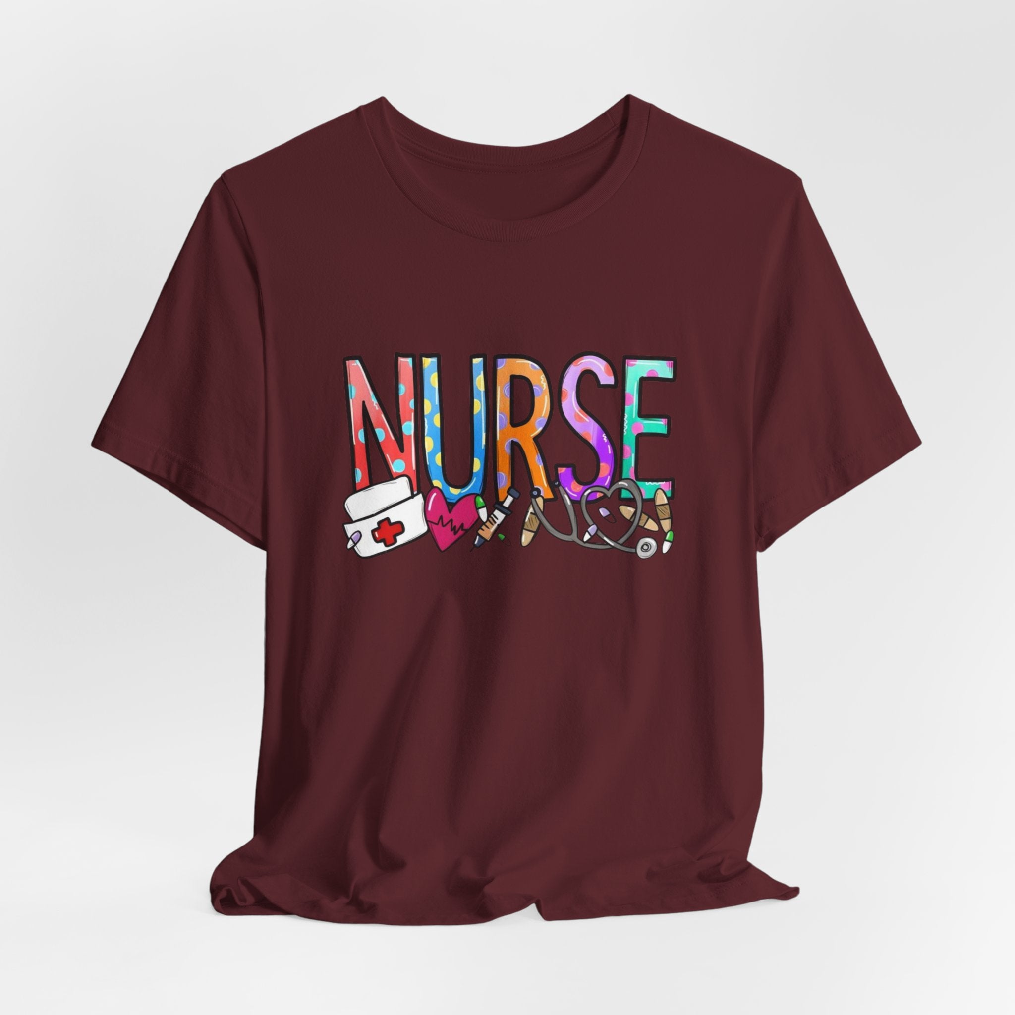 Nurse Floral & Medical Icon Tee - Colorful 'NURSE' Graphic T-Shirt for Healthcare Heroes