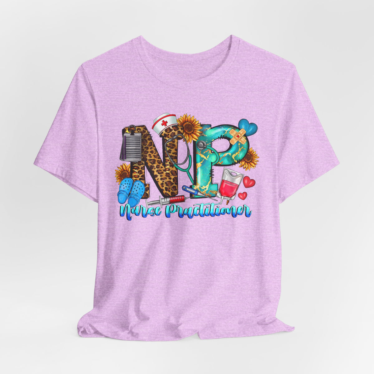 NPR Nurse Practitioner Graphic Tee — Floral, Stethoscope & Leopard Print Design