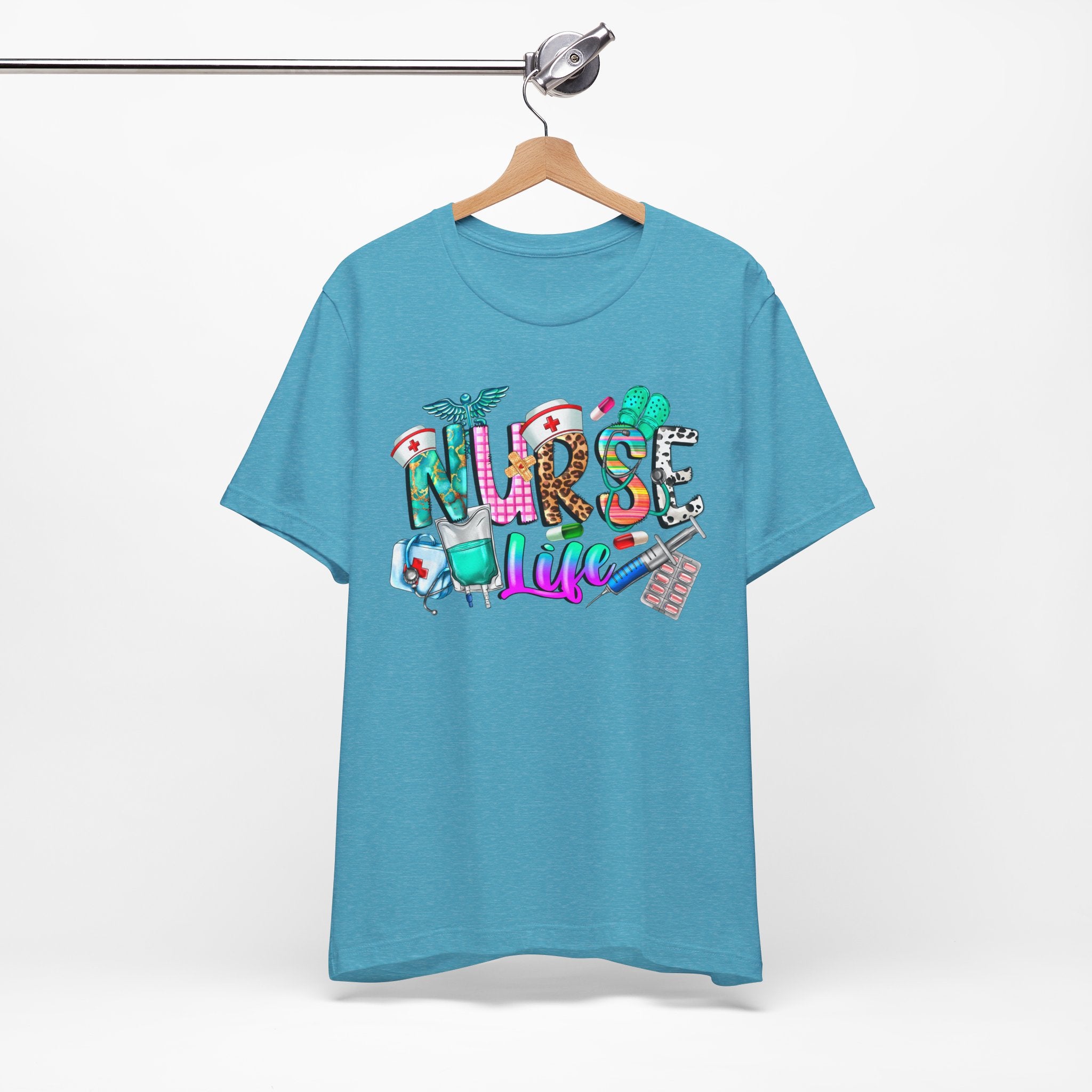 Nurse Life Graphic Tee — Colorful Medical Icons T-Shirt for Nurses