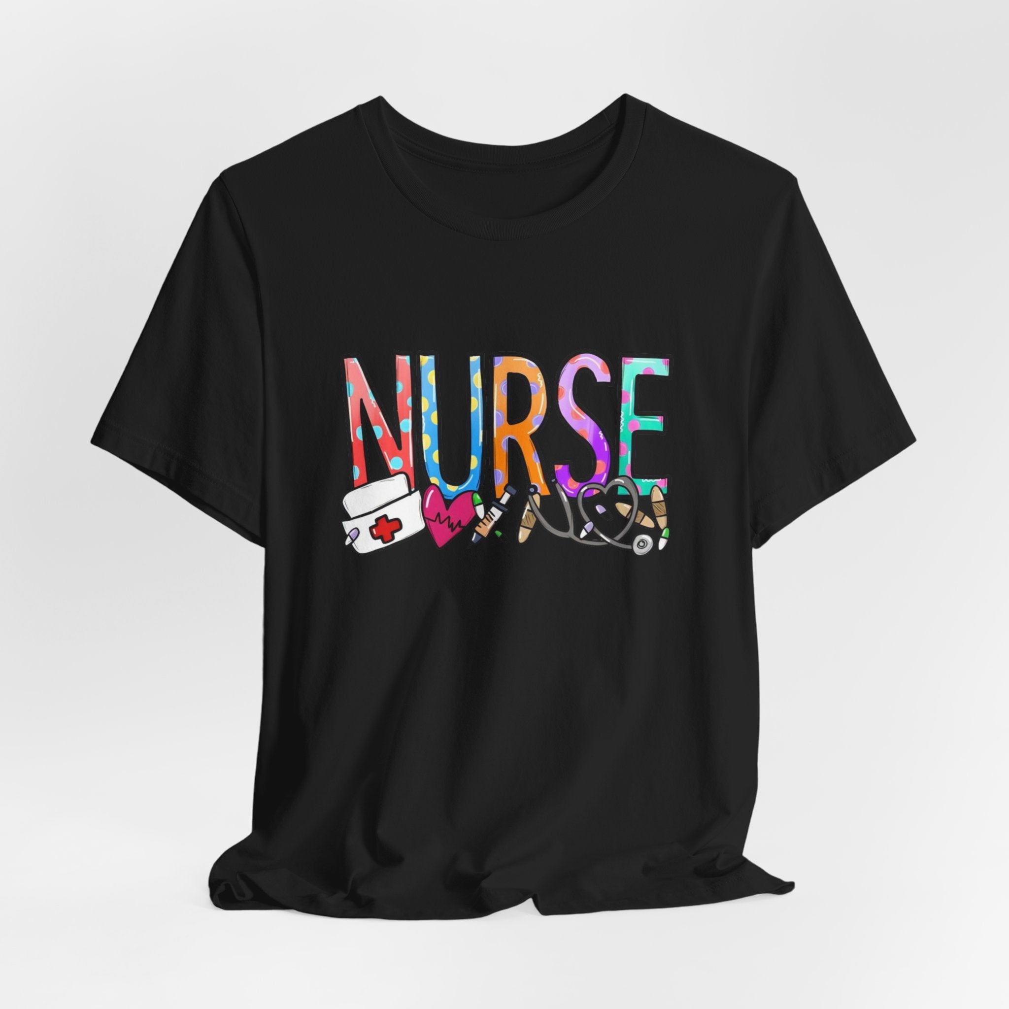 Nurse Floral & Medical Icon Tee - Colorful 'NURSE' Graphic T-Shirt for Healthcare Heroes