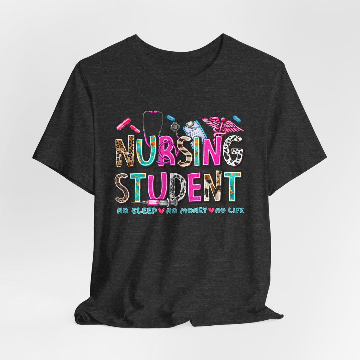 Nursing Student Graphic Tee – Colorful Stethoscope & Scrub Icons
