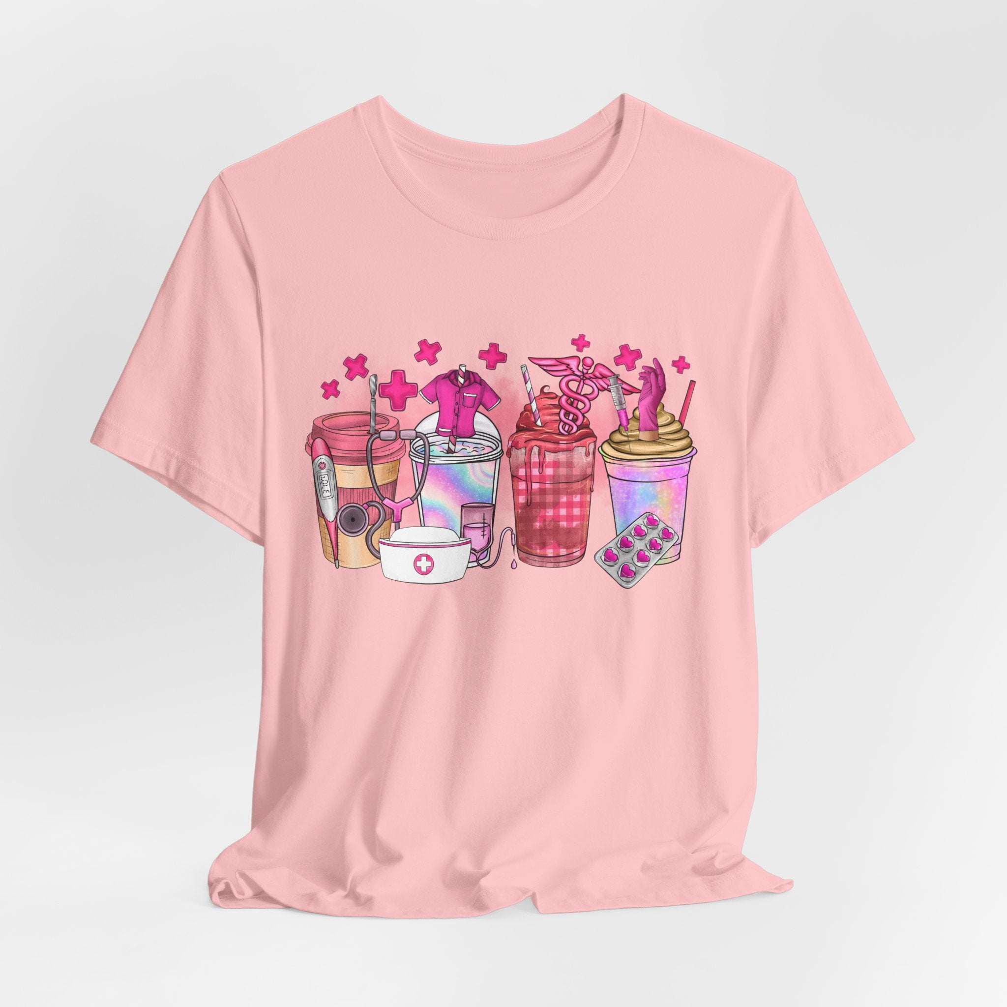 Coffee & Bubble Tea Graphic Tee — Pink Drinks Illustration