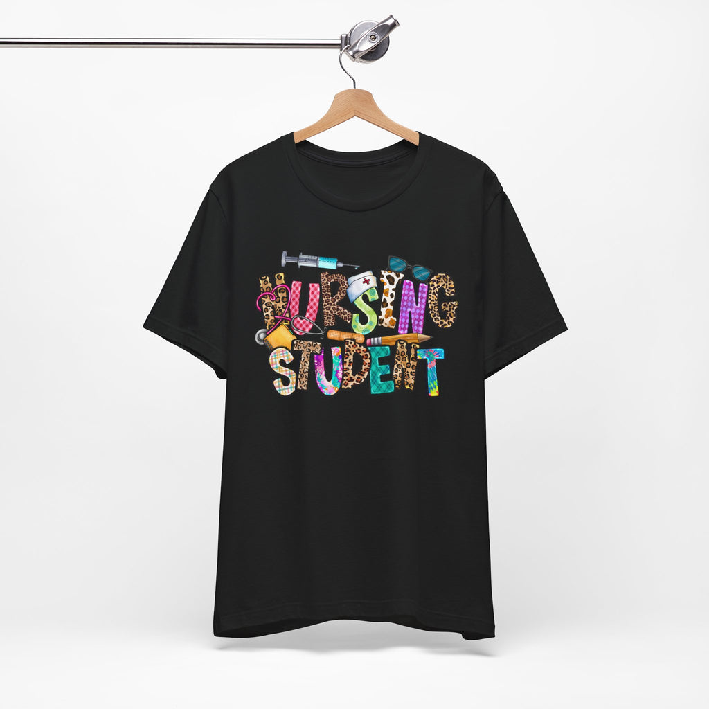 Nursing Student Graphic Tee — Colorful Medical Badge & Syringe Design