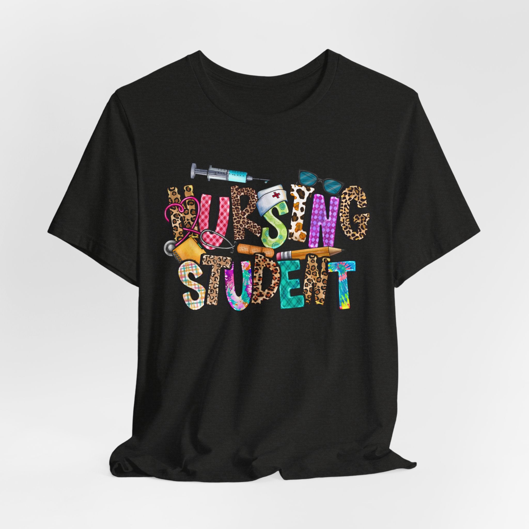 Nursing Student Graphic Tee — Colorful Medical Badge & Syringe Design