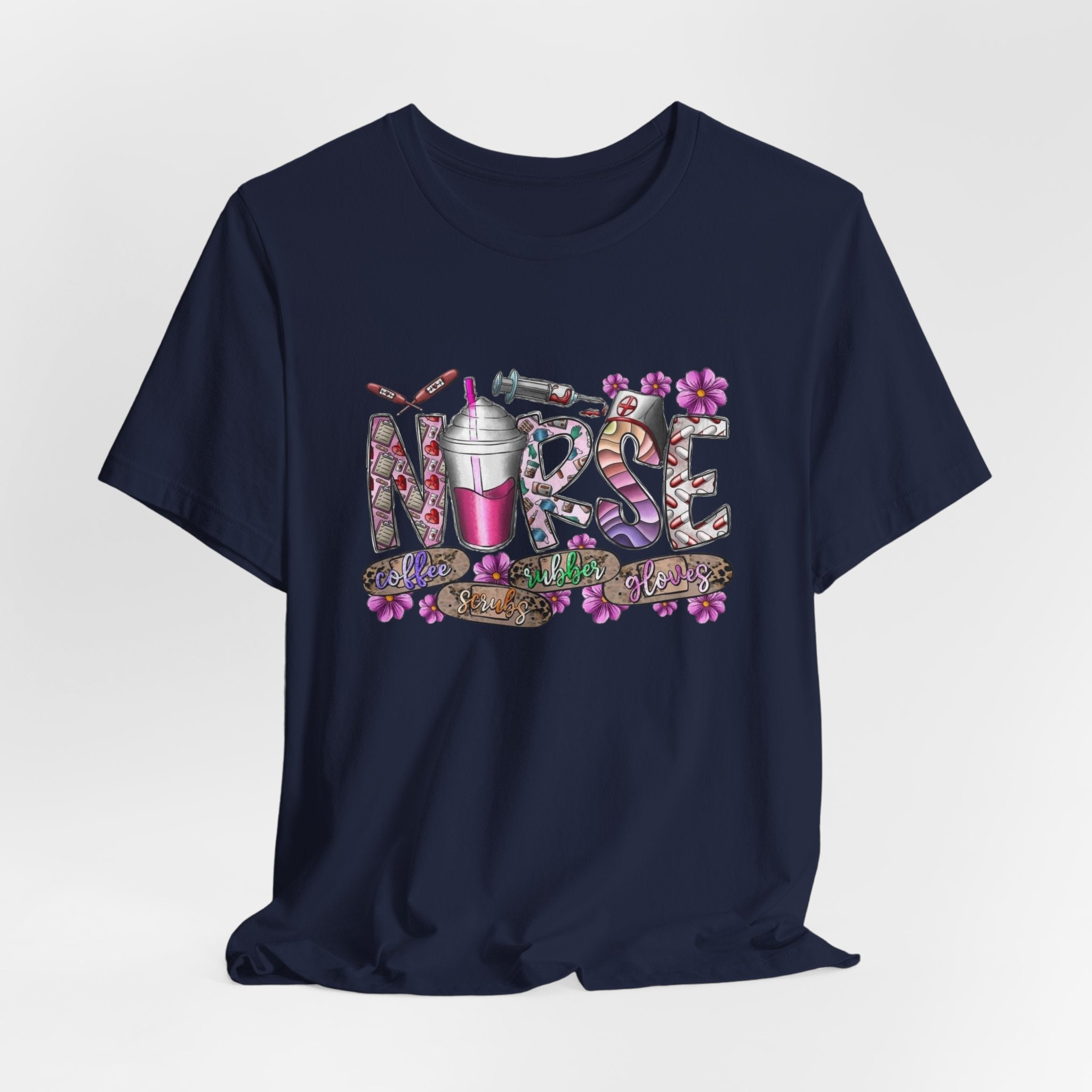 Nurse Floral Stethoscope Tee – Cute Nursing Scrub Shirt with Coffee & Flowers