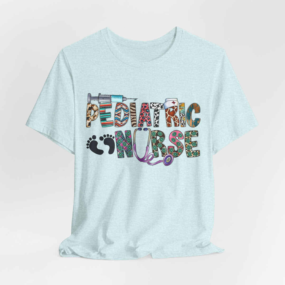Pediatric Nurse Graphic Tee — Colorful Stethoscope & Baby Prints Design