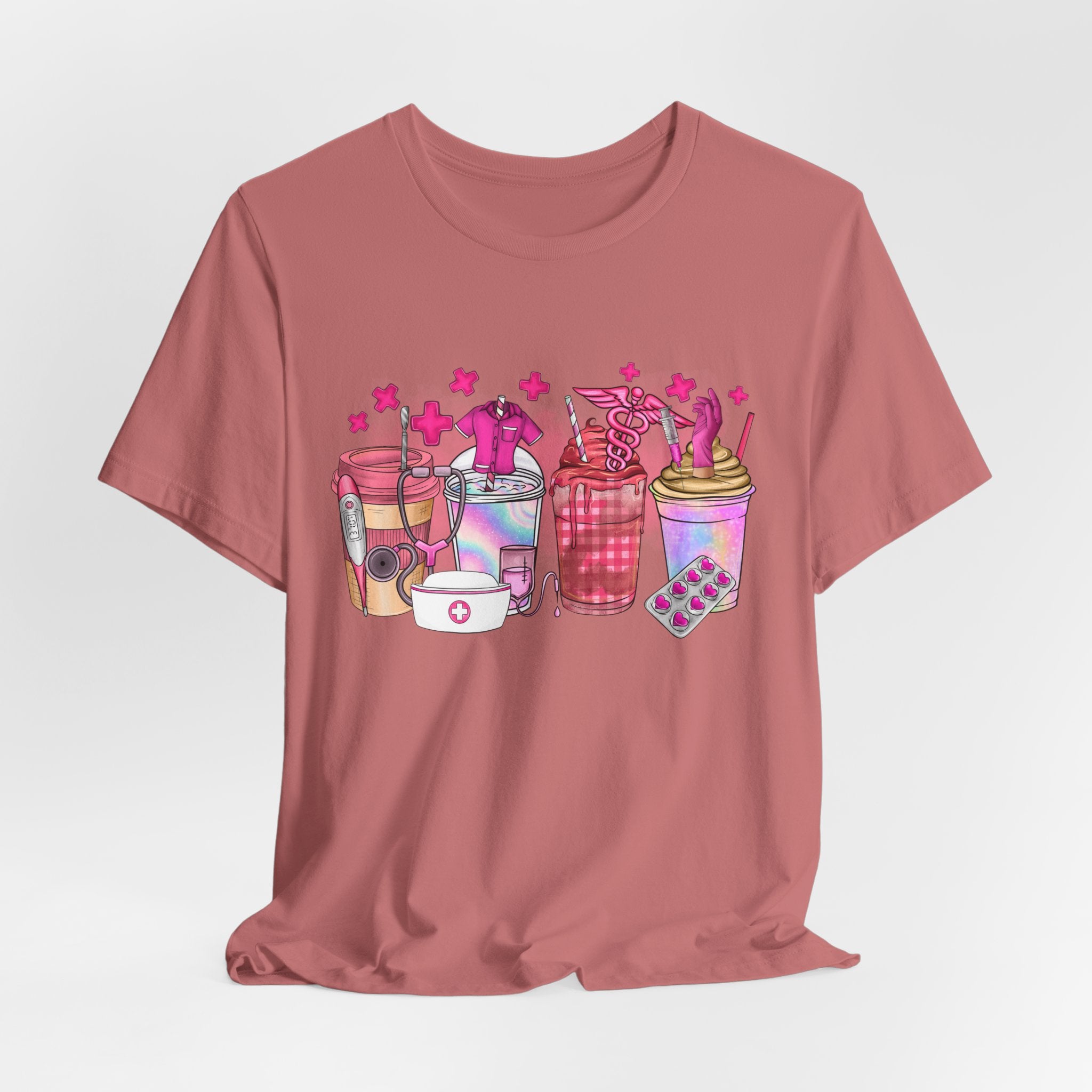 Coffee & Bubble Tea Graphic Tee — Pink Drinks Illustration