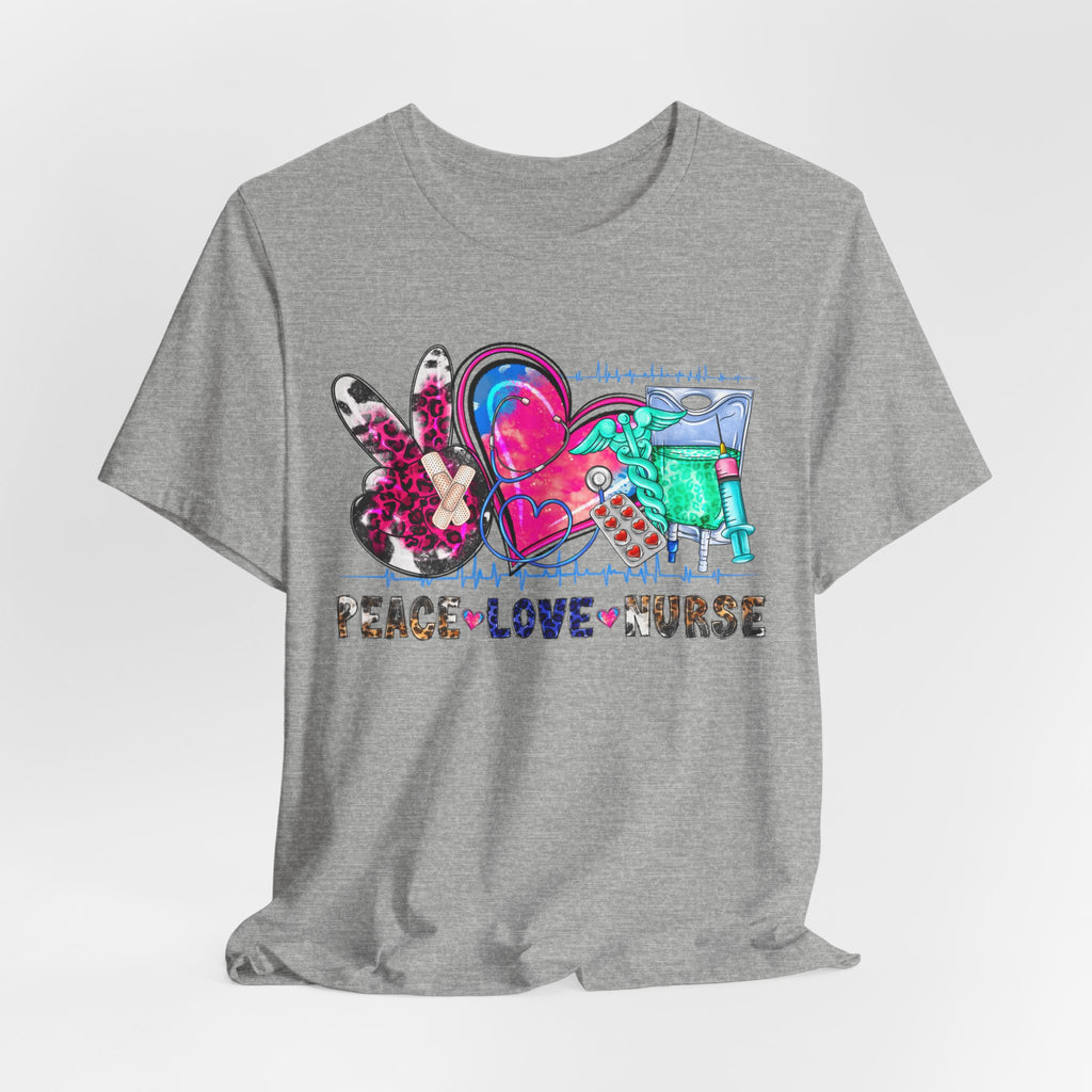Peace Love Nurse T-Shirt – Colorful Floral Heart & Scrubs Graphic Tee for Nurses