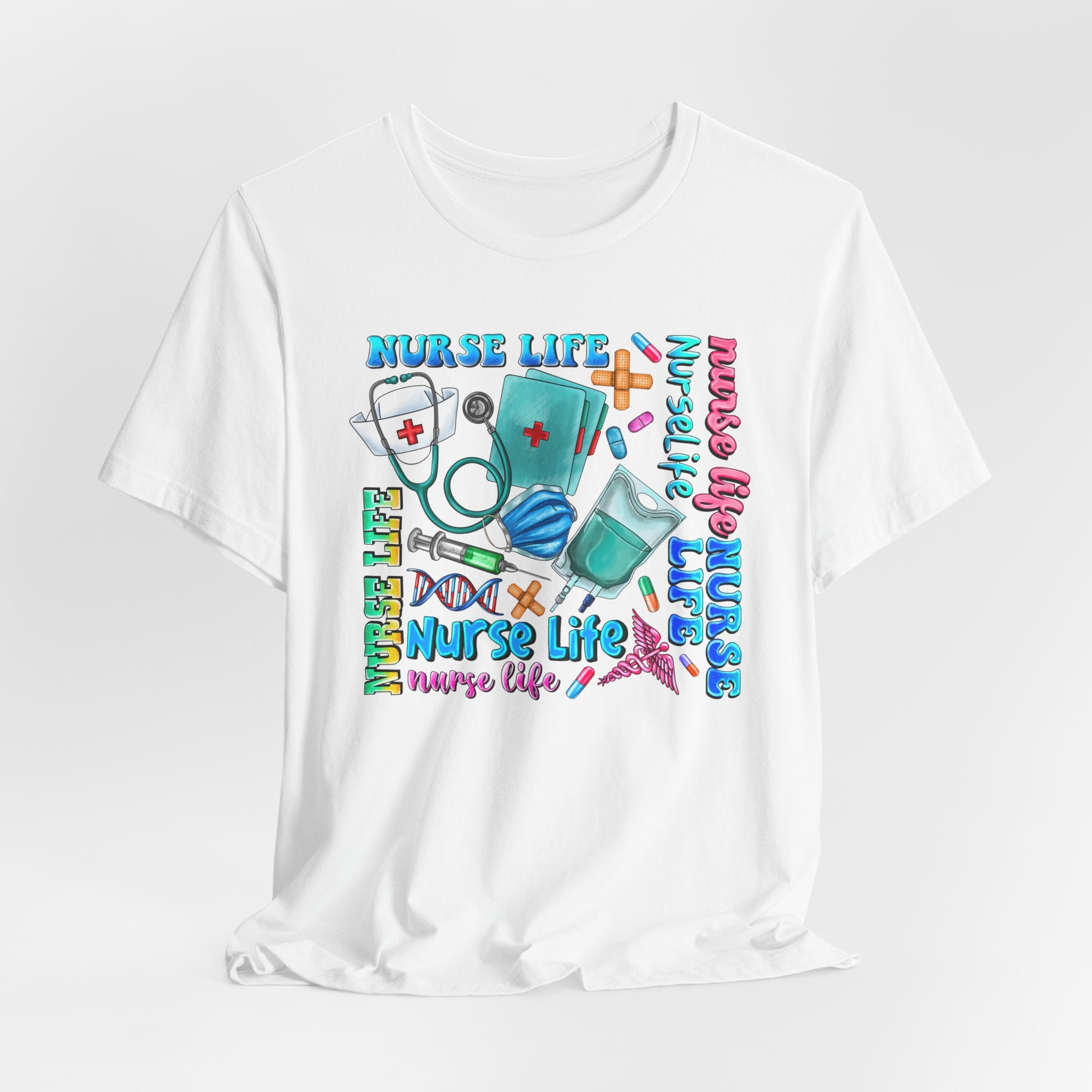 Nurse Life Graphic Tee — Colorful Nursing Icons & 'Nurse Life' Text