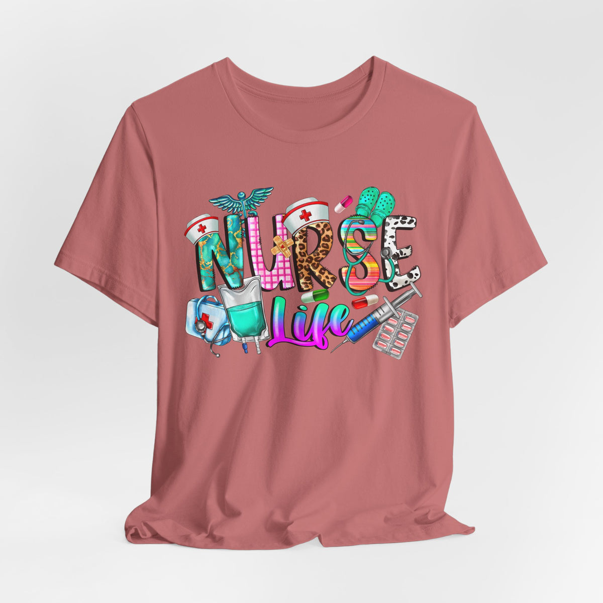 Nurse Life Graphic Tee — Colorful Medical Icons T-Shirt for Nurses