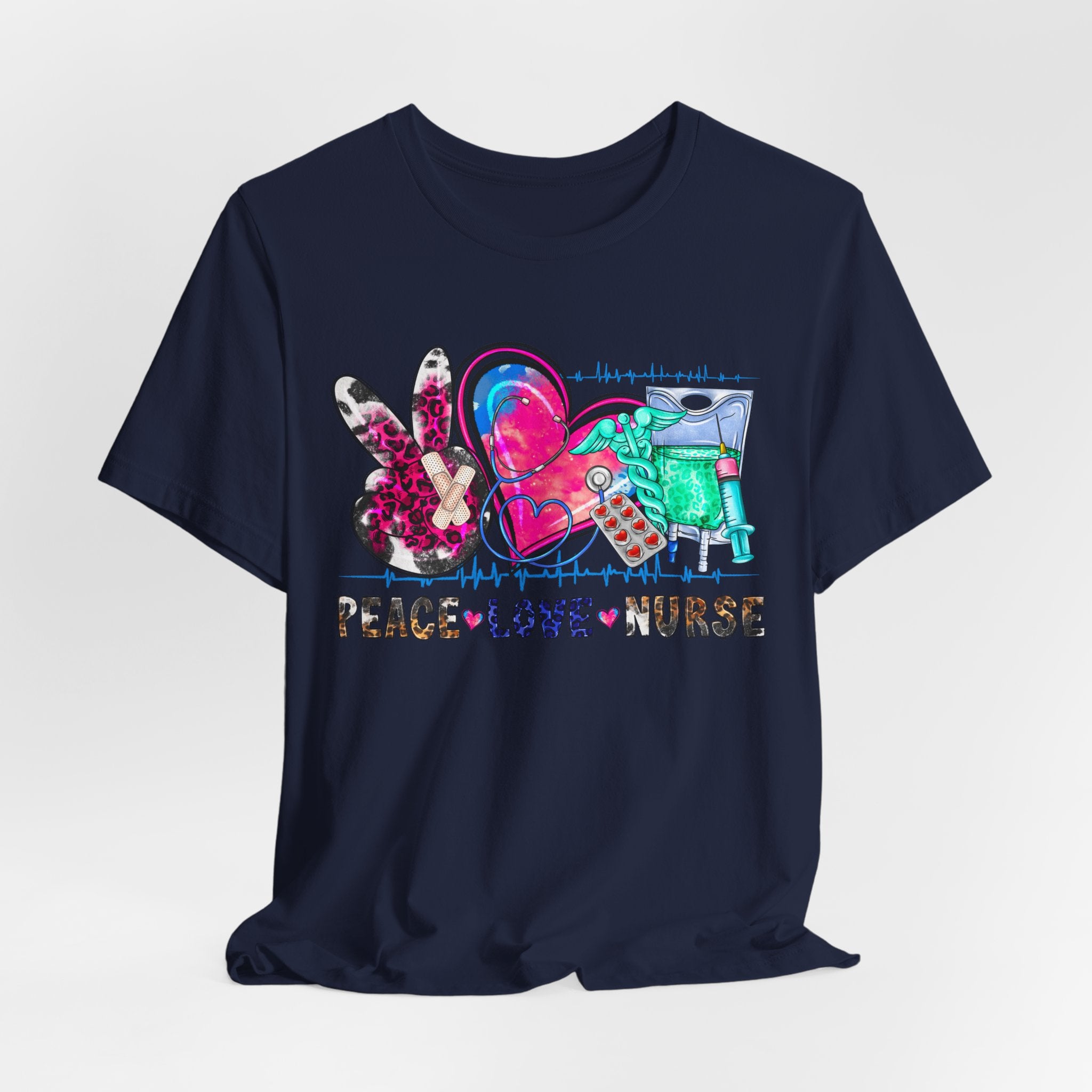 Peace Love Nurse T-Shirt – Colorful Floral Heart & Scrubs Graphic Tee for Nurses